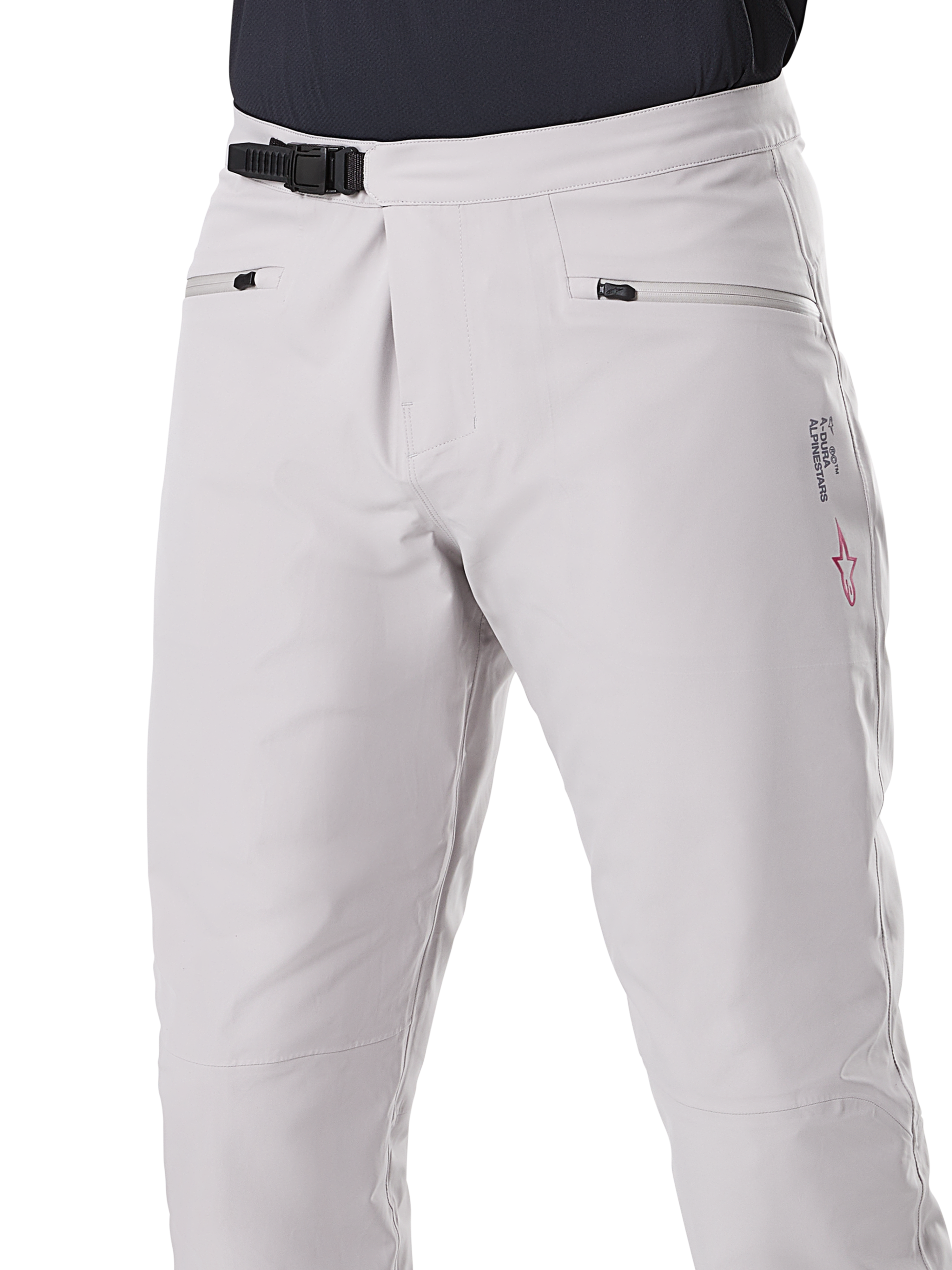 Calças Impermeáveis Alpinestars A-Dura, calças de BTT, cinzento Titanium, vista frontal com fecho de catraca preto na cintura e bolsos de mão com fecho de correr, construção impermeável durável para BTT