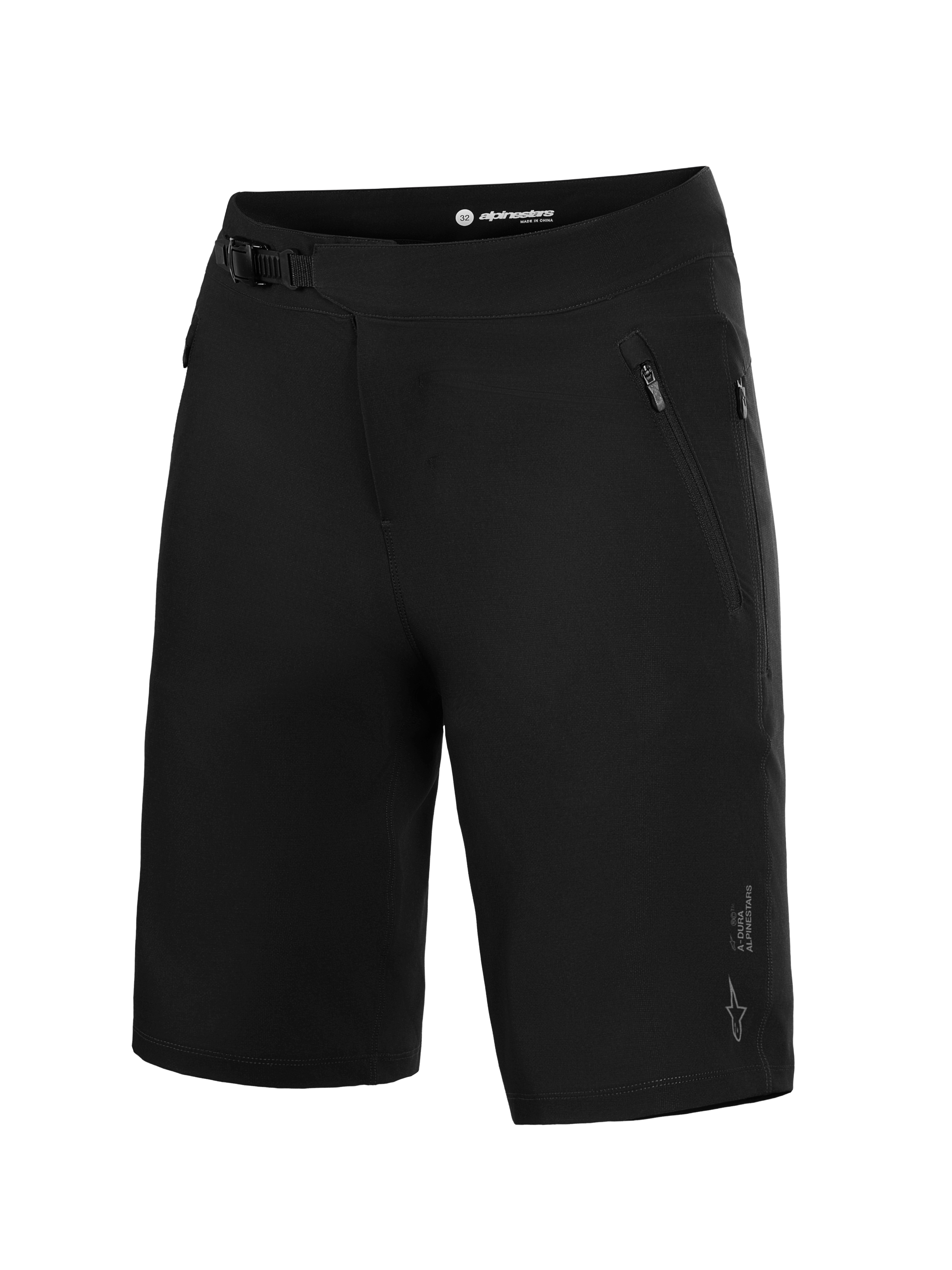 Calções Alpinestars A-Dura Ride pretos para MTB, com fecho de catraca e tecido elástico em 4 direções resistente.