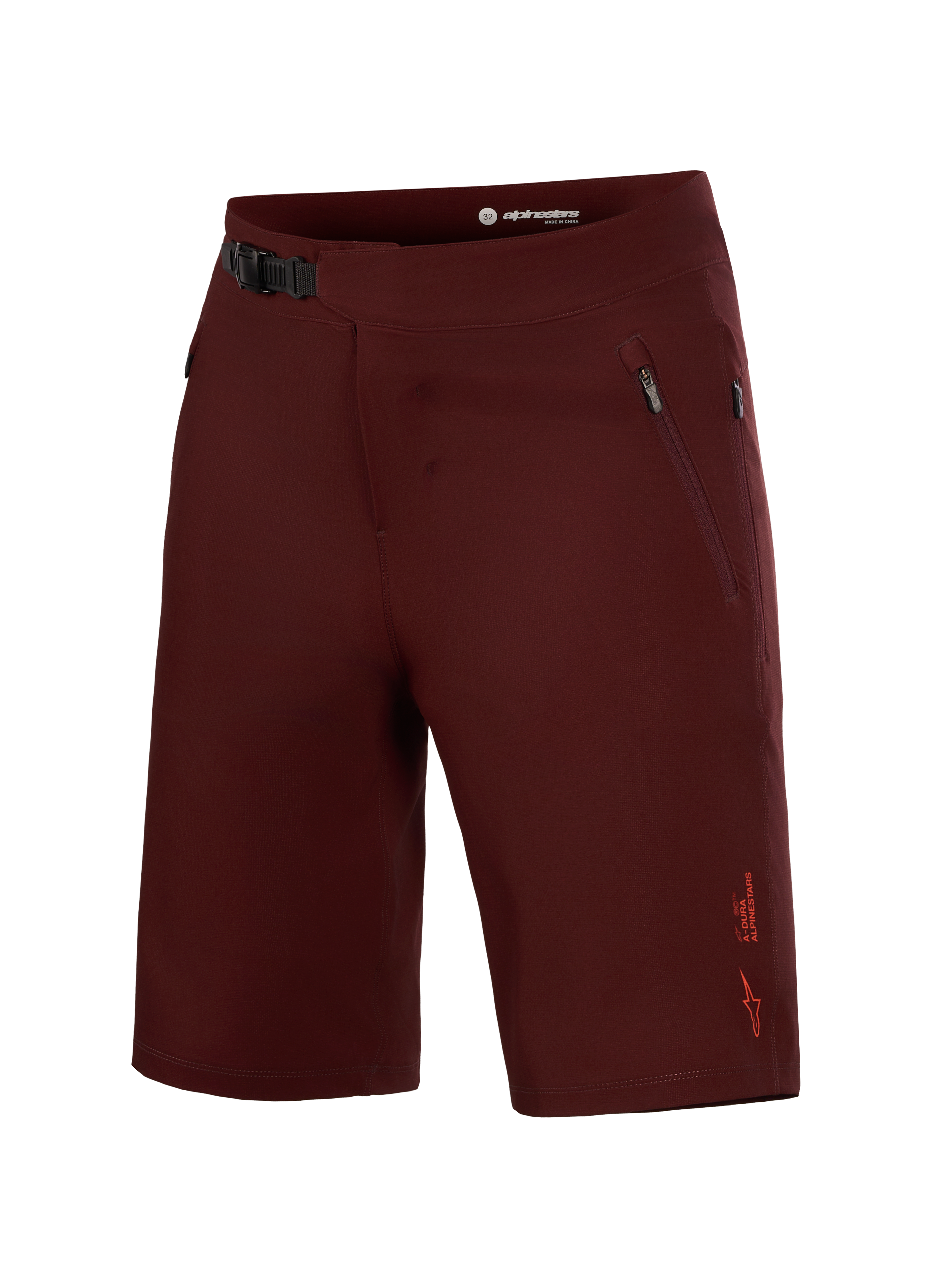 Alpinestars A-Dura Ride bordeaux, calções de MTB com fecho de catraca seguro e bolsos laterais em tecido elástico durável.