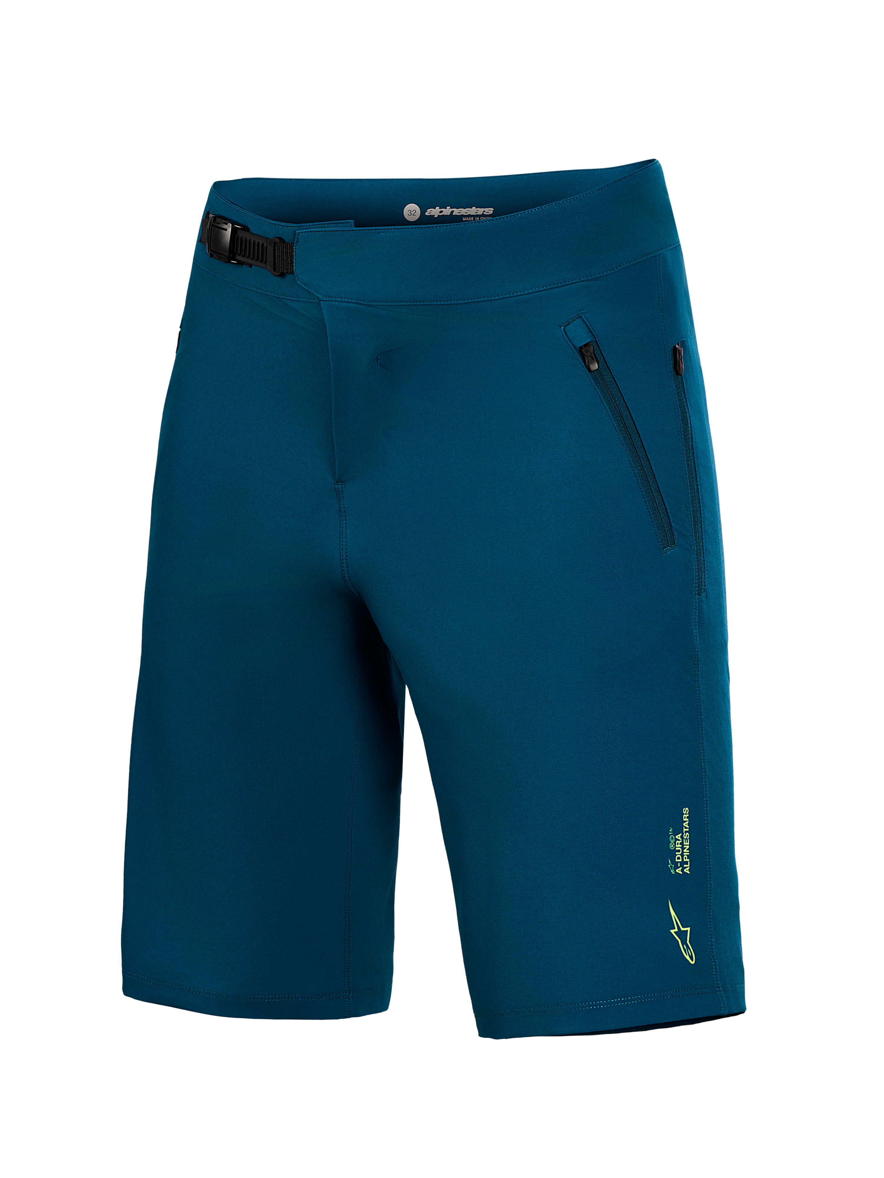 Blue green A-Dura Ride MTB shorts with a front ratchet closure system and small yellow Alpinestars logo on the leg.