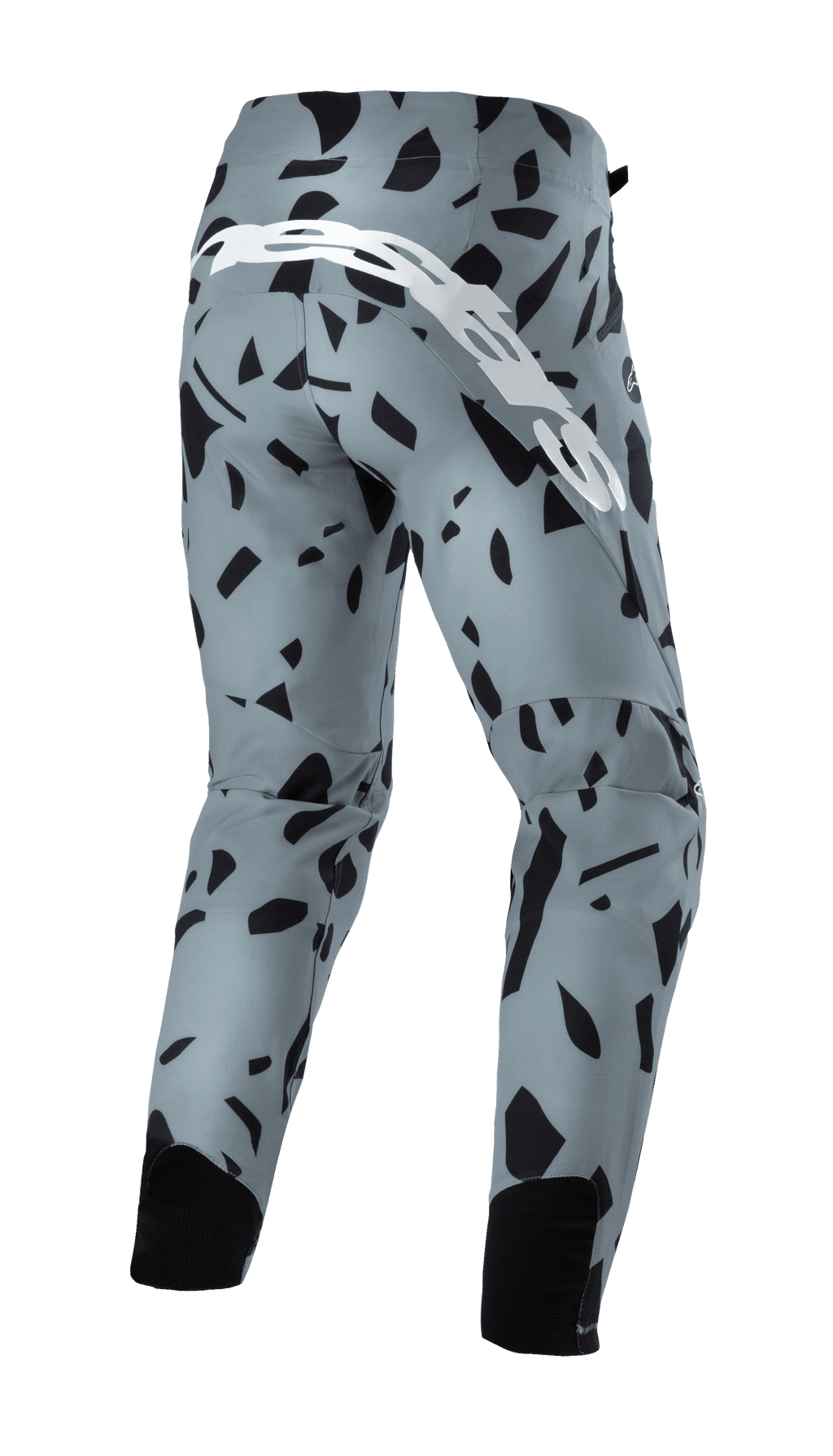 Calças Alpinestars Techstar Envision, calças de mountain bike, azul Ash com padrão geométrico abstrato preto, vista traseira com grande logótipo manuscrito branco e painéis de malha pretos nos gémeos, equipamento de ciclismo durável para fora de estrada
