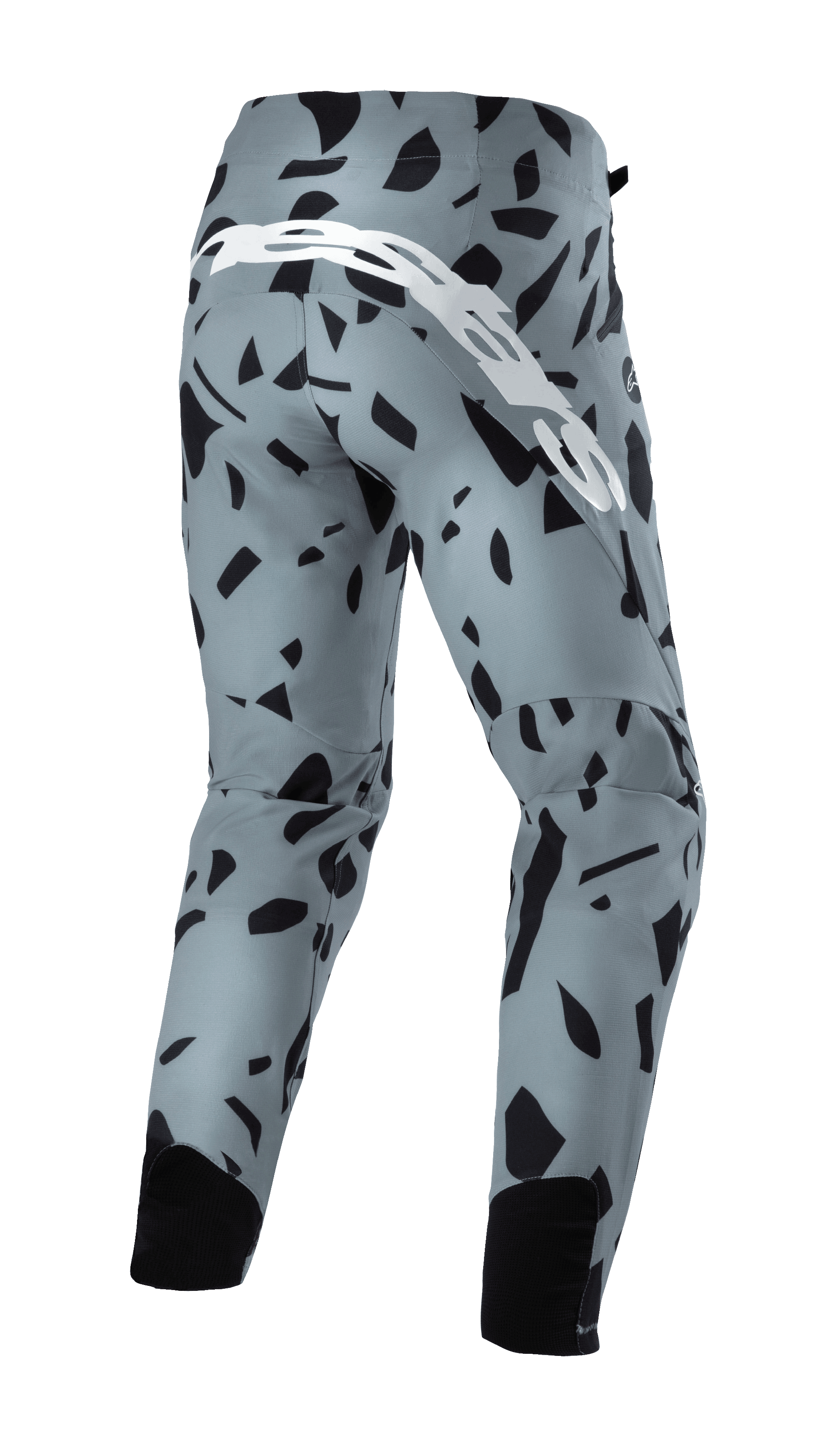 Calças Alpinestars Techstar Envision, calças de mountain bike, azul Ash com padrão geométrico abstrato preto, vista traseira com grande logótipo manuscrito branco e painéis de malha pretos nos gémeos, equipamento de ciclismo durável para fora de estrada
