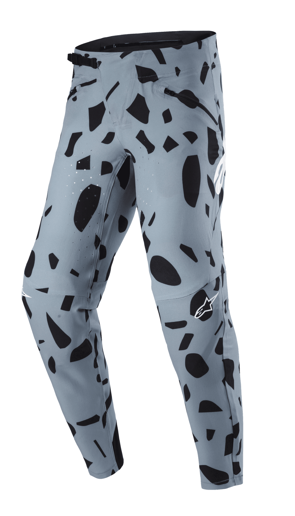 Alpinestars Techstar Envision Pants, calças de BTT, cor Ash Blue com padrão abstrato preto, fecho de cintura por catraca e bolsos com fecho, ventilação perfurada a laser para respirabilidade, concebidas para a prática de mountain bike