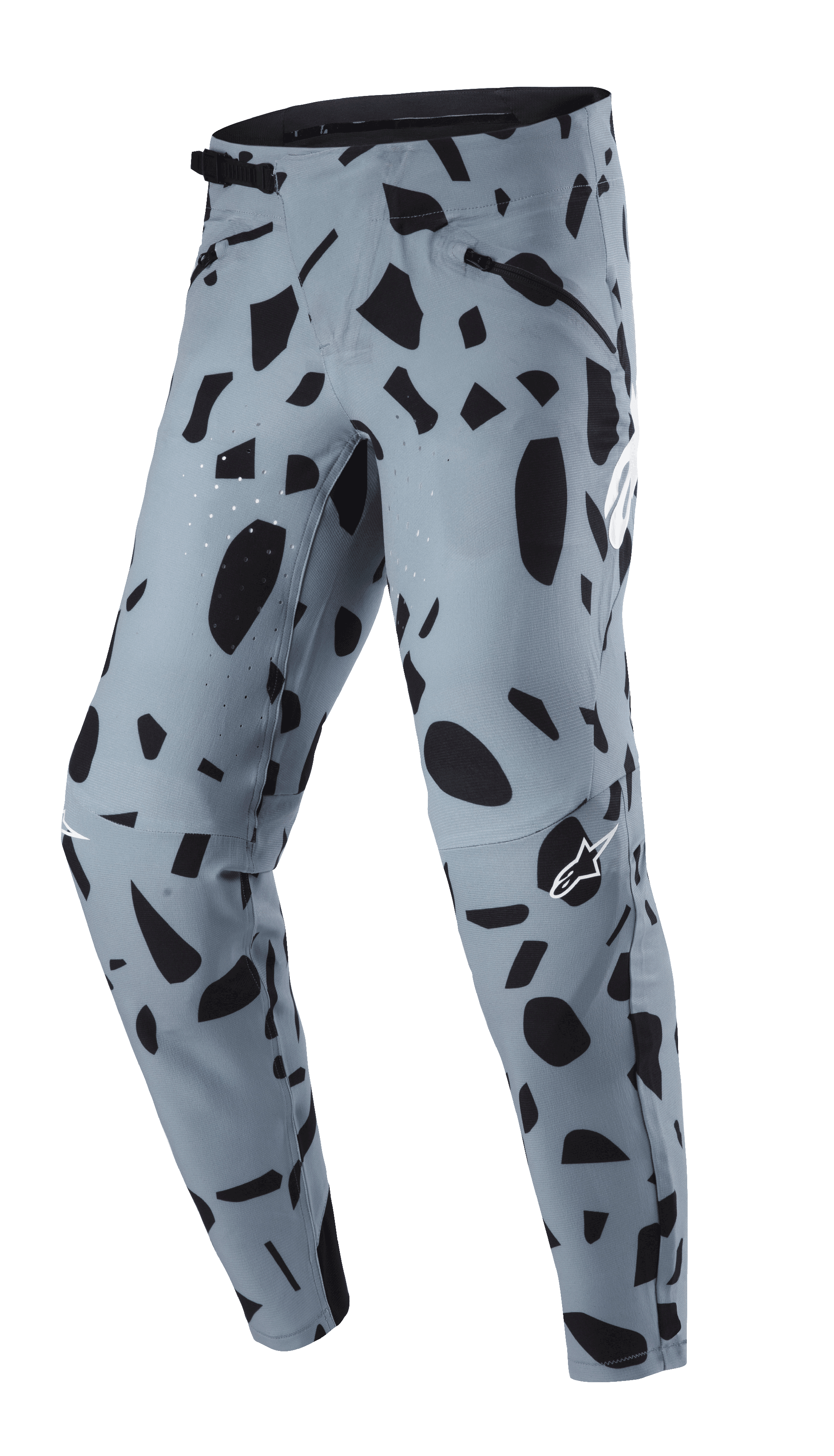 Alpinestars Techstar Envision Pants, calças de BTT, cor Ash Blue com padrão abstrato preto, fecho de cintura por catraca e bolsos com fecho, ventilação perfurada a laser para respirabilidade, concebidas para a prática de mountain bike