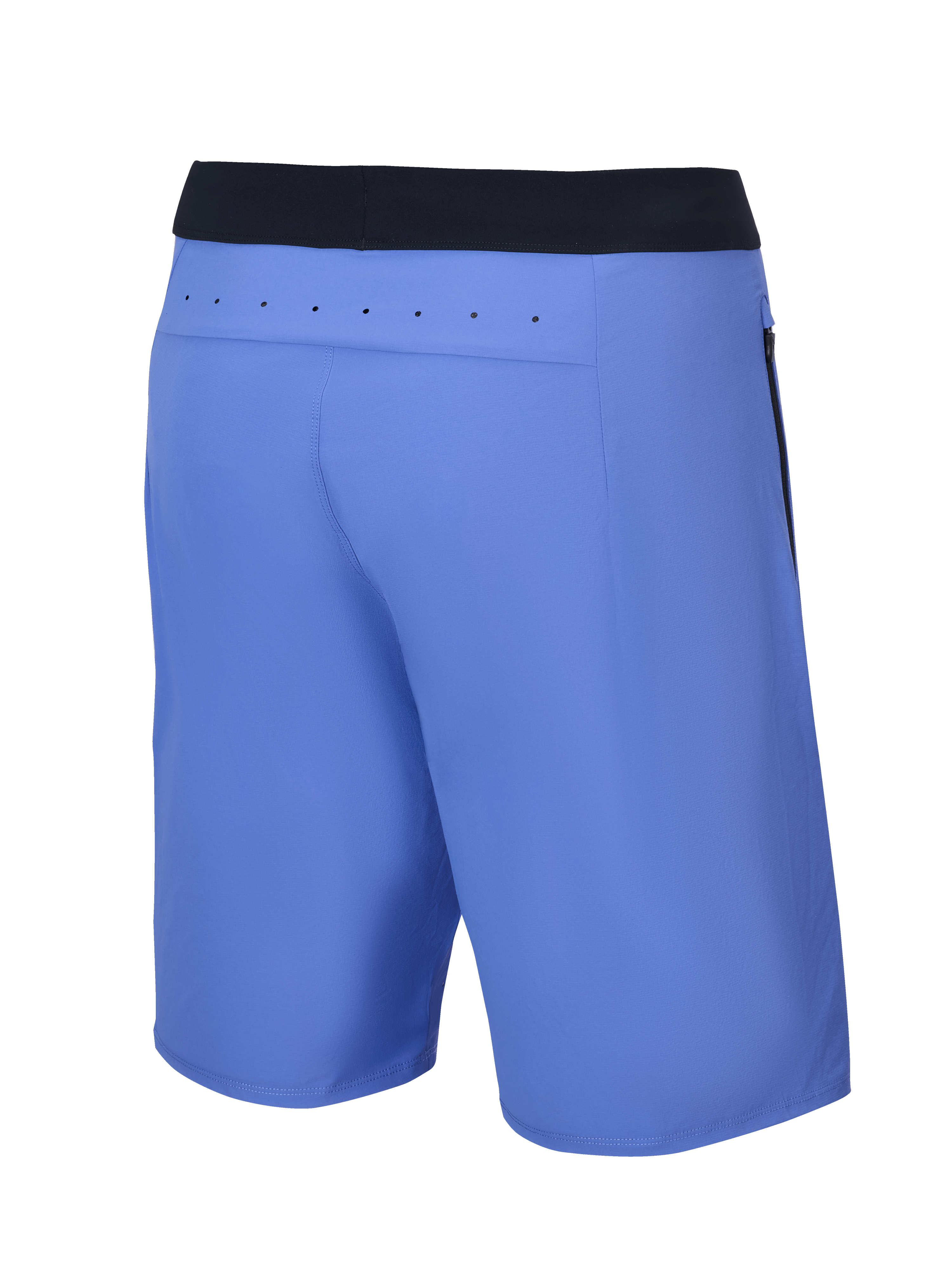 Calções Alpinestars A-Aria Lite, calções de mountain bike, Baja Blue, vista traseira com cintura preta e orifícios de ventilação cortados a laser na pala traseira, ajuste de performance para trilhos