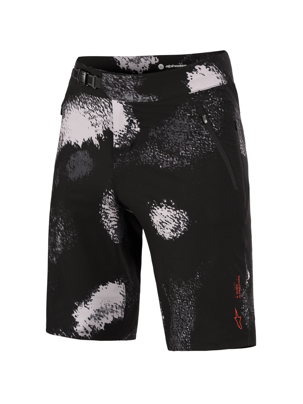 Alpinestars A-Dura Ride Shorts em Black Camo, calções de BTT duráveis com elasticidade e fecho de catraca seguro.