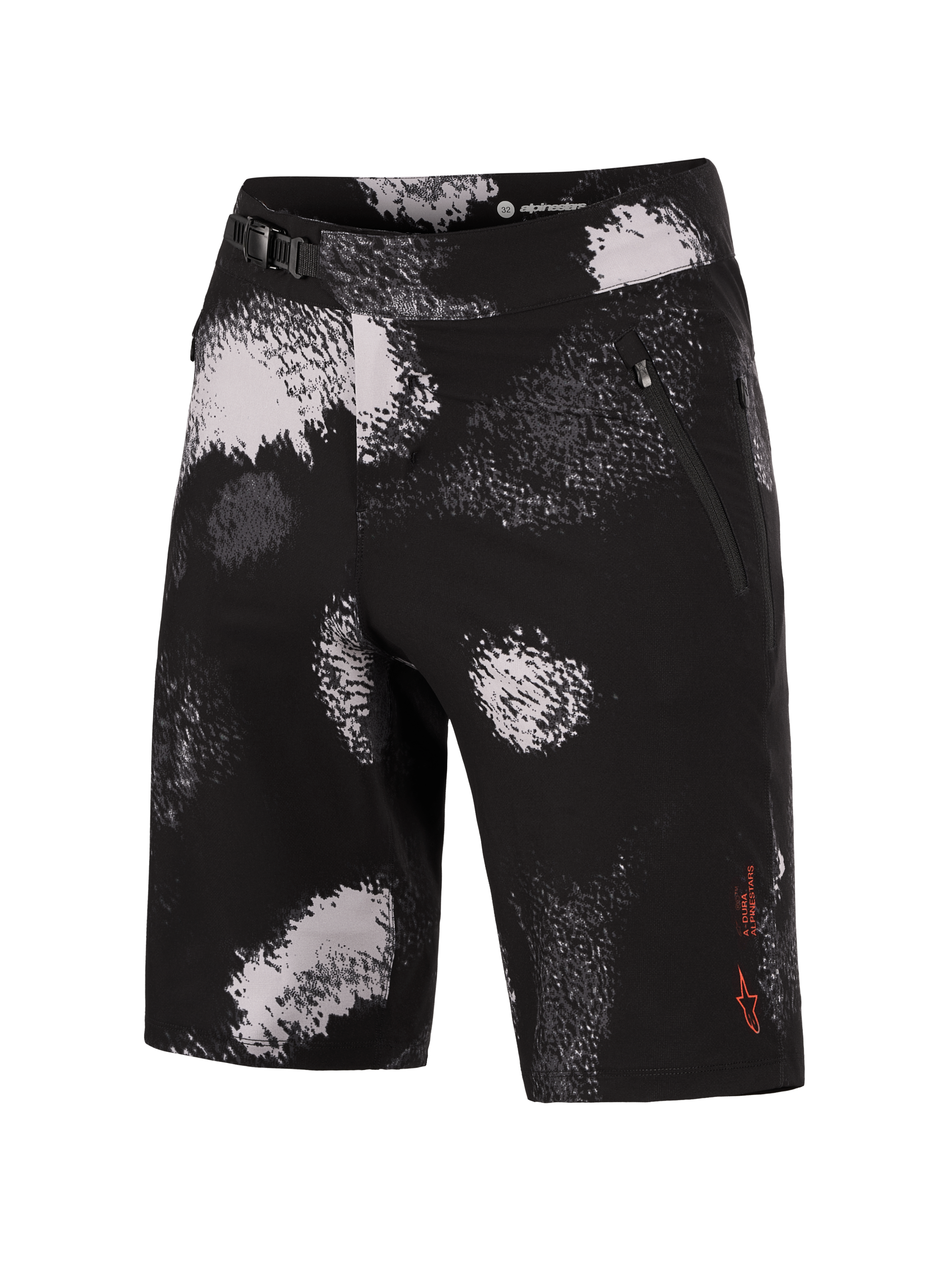 Alpinestars A-Dura Ride Shorts em Black Camo, calções de BTT duráveis com elasticidade e fecho de catraca seguro.