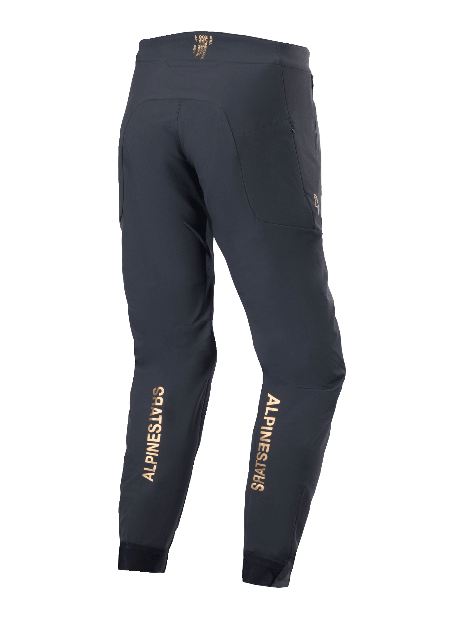 Calças Alpinestars A-Aria Elite, calças de BTT, pretas, vista traseira com logótipos verticais dourados na parte inferior das pernas, ajuste de desempenho com cós absorvente e bolsos com fecho, concebidas para ciclismo de montanha