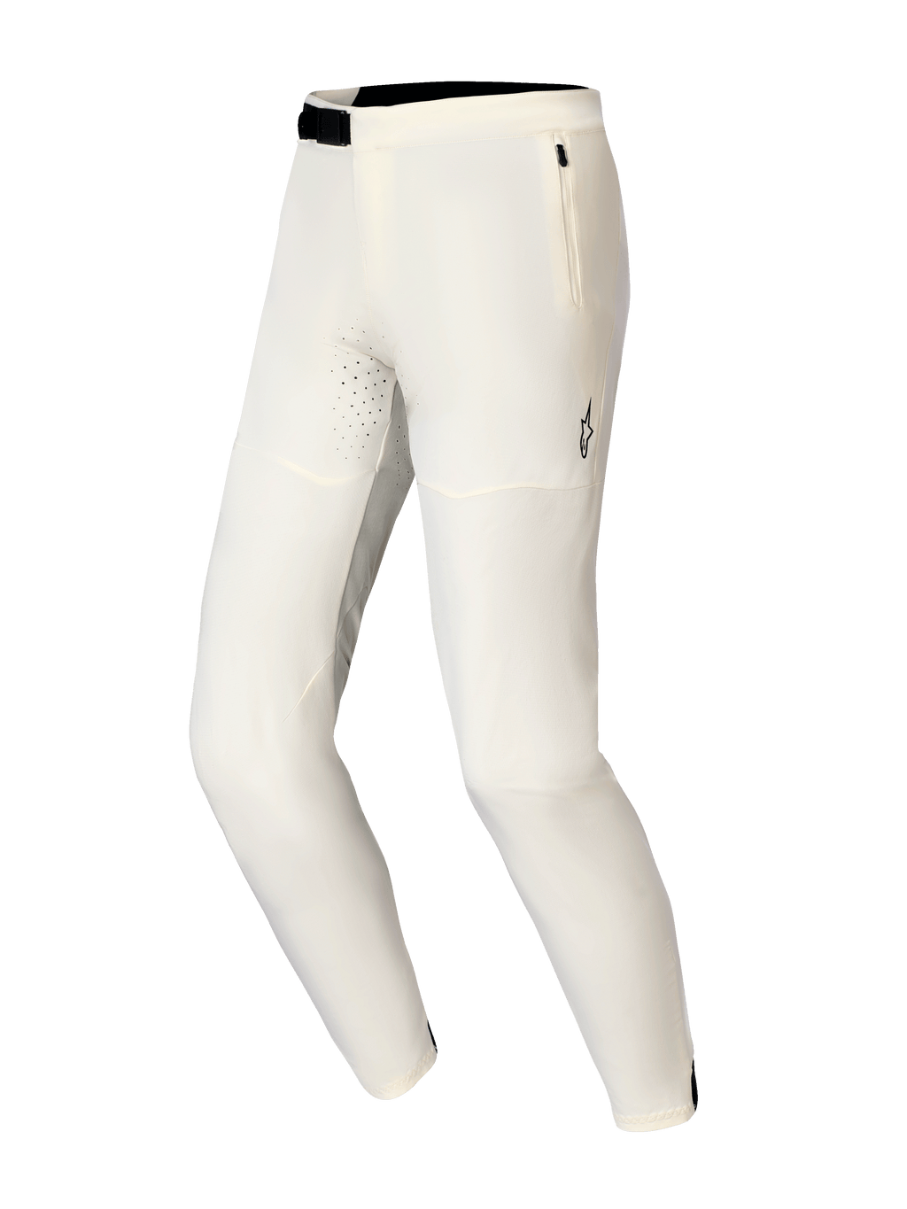 Calças Alpinestars A-Aria Elite, calças de mountain bike, cor ecru, com fecho de fivela magnética preta, bolso lateral com fecho e orifícios de ventilação cortados a laser, design focado no desempenho para ciclismo fora de estrada