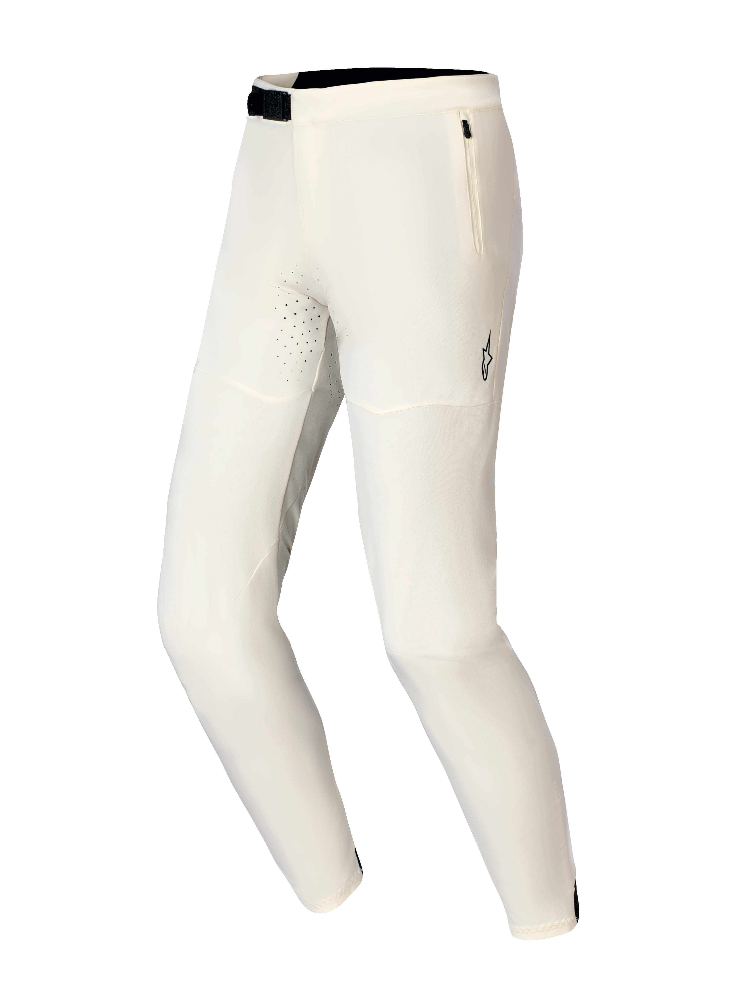 Calças Alpinestars A-Aria Elite, calças de mountain bike, cor ecru, com fecho de fivela magnética preta, bolso lateral com fecho e orifícios de ventilação cortados a laser, design focado no desempenho para ciclismo fora de estrada