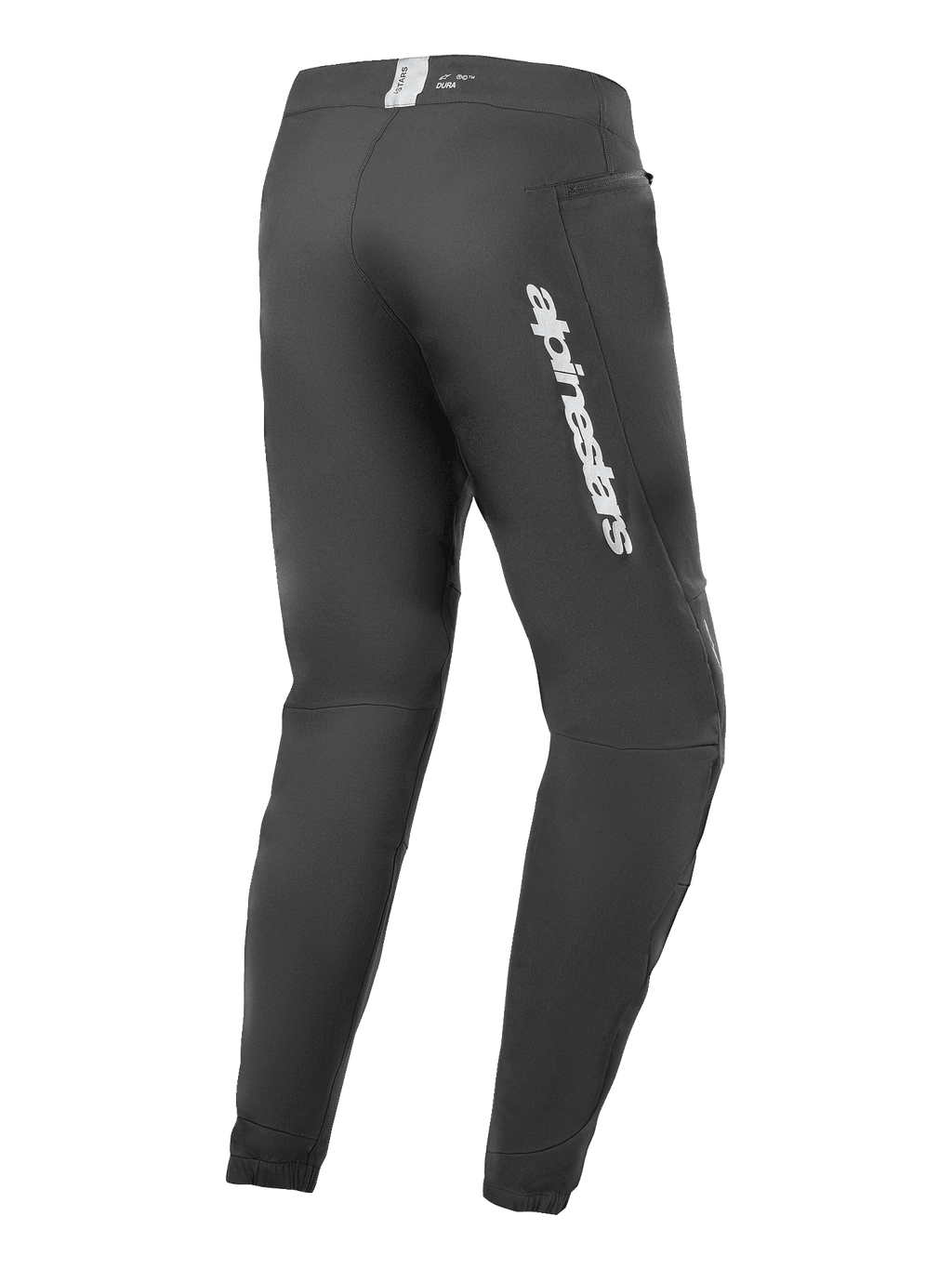 Calças Alpinestars A-Dura Elite, calças de mountain bike, pretas, vista lateral traseira com marca Alpinestars prateada na coxa, bolso com fecho e punhos elásticos, equipamento técnico durável para MTB