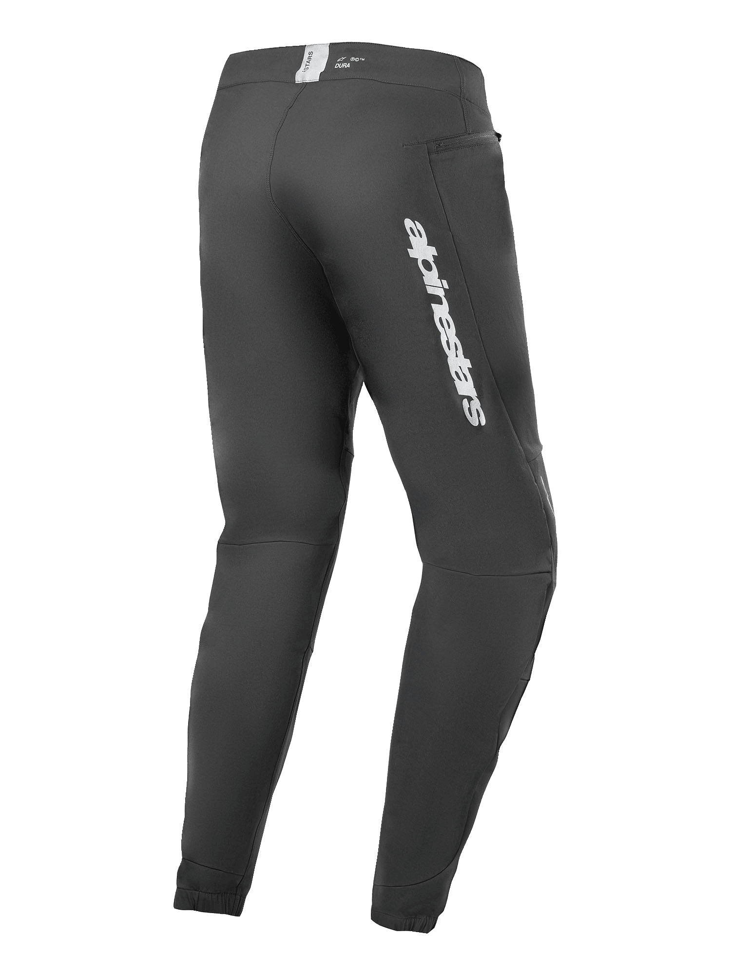 Calças Alpinestars A-Dura Elite, calças de mountain bike, pretas, vista lateral traseira com marca Alpinestars prateada na coxa, bolso com fecho e punhos elásticos, equipamento técnico durável para MTB