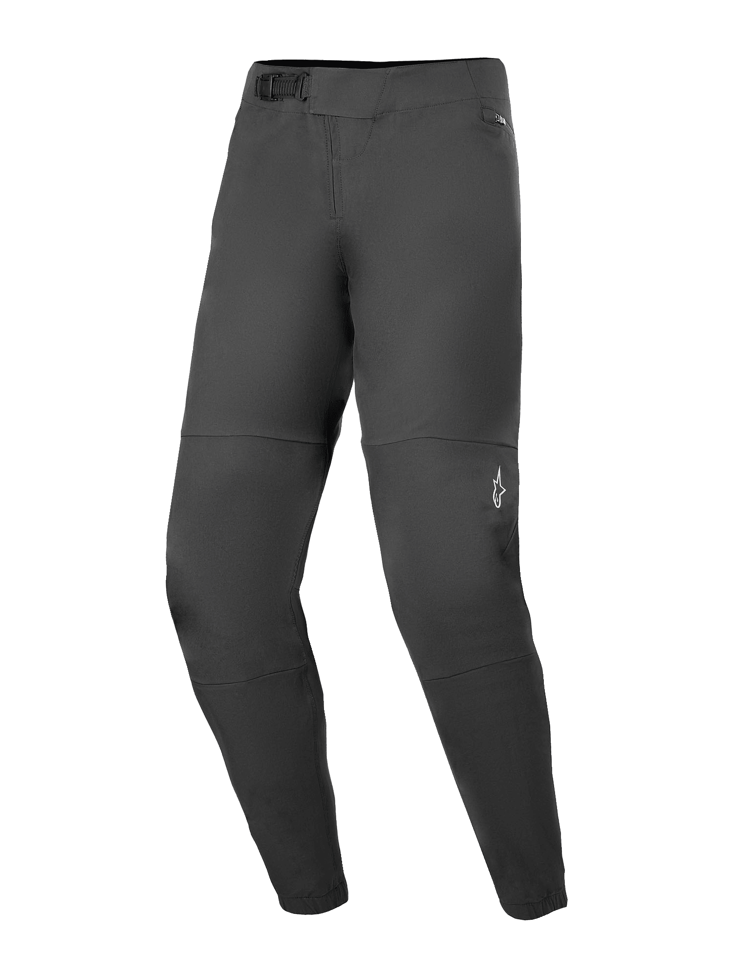 Alpinestars A-Dura Elite Pants, calças de mountain bike, pretas, com sistema de fecho frontal de catraca, bolsos com fecho forrados com malha e punhos elásticos, pequeno logótipo Alpinestars branco na perna esquerda, design em tecido Cordura durável para ciclismo fora de estrada.