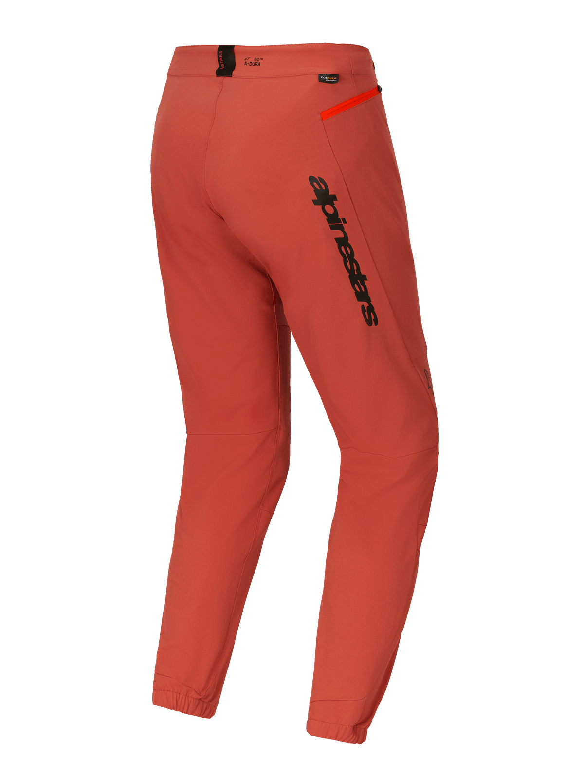 Calças Alpinestars A-Dura Elite, calças de BTT (MTB), cor Laranja Escuro, vista traseira de três quartos com marca Alpinestars a preto na coxa, pormenor de fecho de correr laranja vibrante na anca e punhos elásticos nos tornozelos, equipamento técnico de performance para ciclismo
