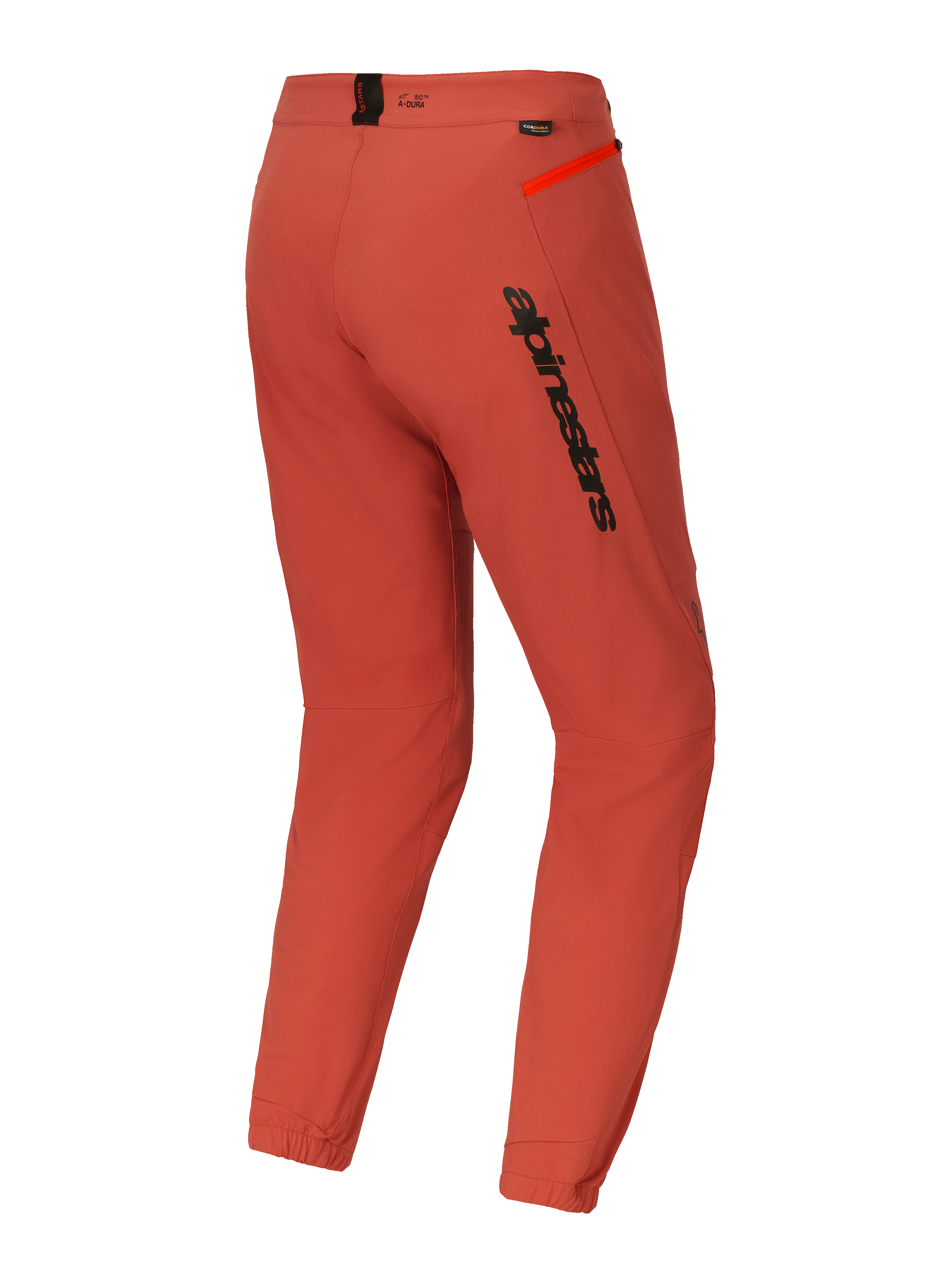 Calças Alpinestars A-Dura Elite, calças de BTT (MTB), cor Laranja Escuro, vista traseira de três quartos com marca Alpinestars a preto na coxa, pormenor de fecho de correr laranja vibrante na anca e punhos elásticos nos tornozelos, equipamento técnico de performance para ciclismo