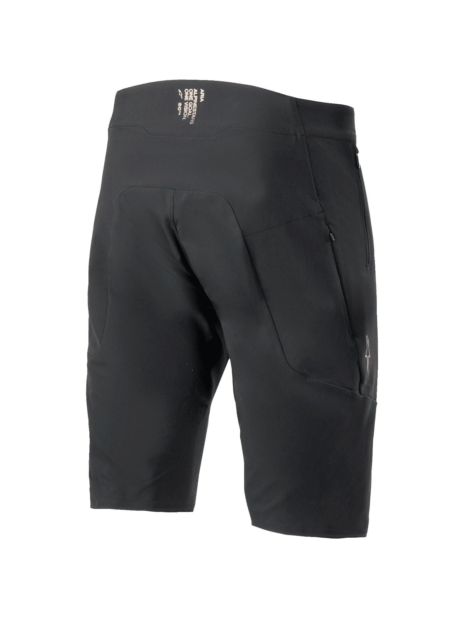 Alpinestars A-Aria Elite Shorts, calções de BTT, pretos, vista traseira mostrando bolsos com fecho de correr e marca no cós, ajuste de performance técnica para ciclismo todo-o-terreno