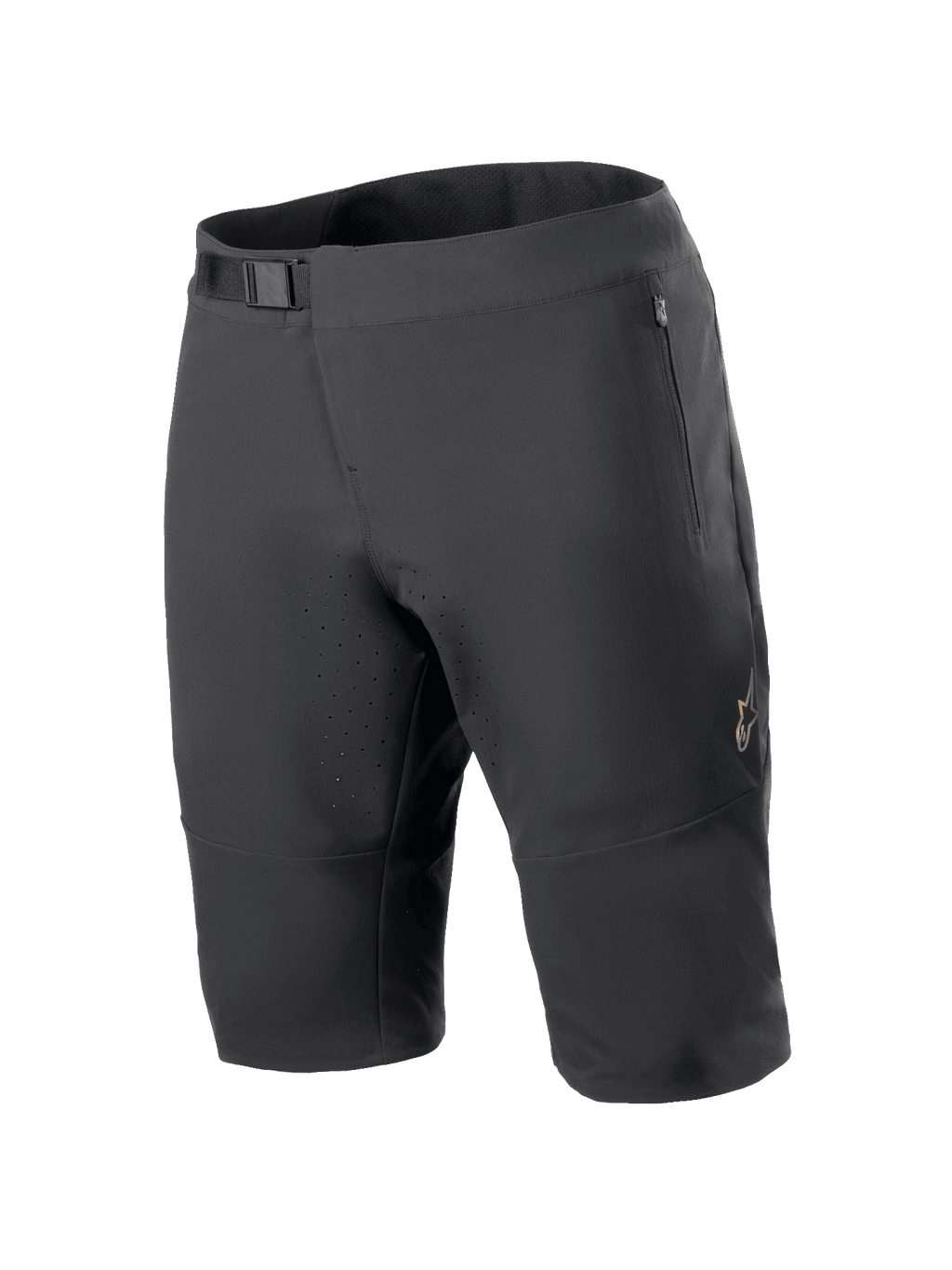 Alpinestars A-Aria Elite Shorts, calções de mountain bike, pretos, com fecho de cintura com fivela magnética, bolsos com fecho de correr, orifícios de ventilação cortados a laser e tecido elástico em 4 direções para ciclismo fora de estrada