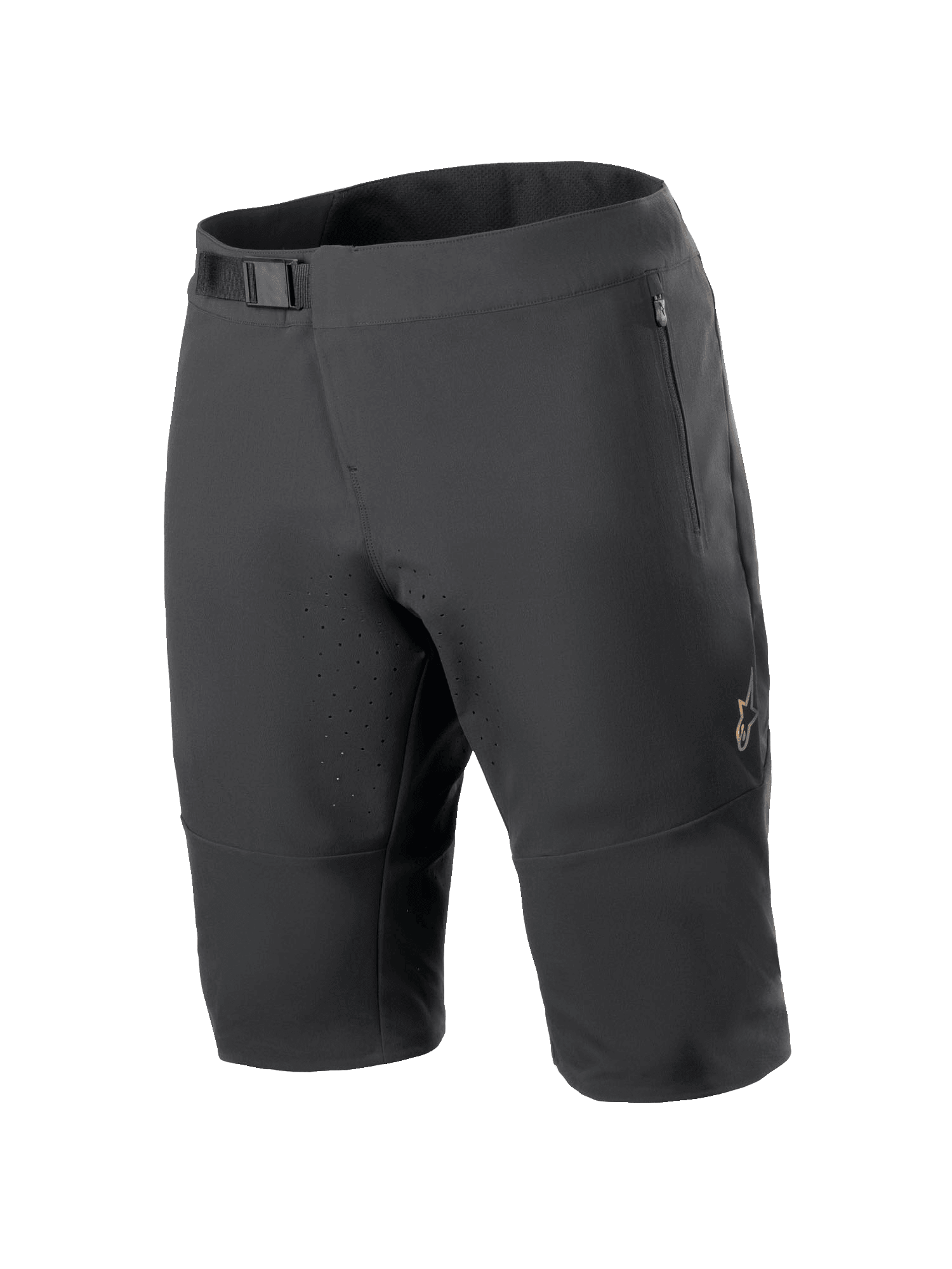Alpinestars A-Aria Elite Shorts, calções de mountain bike, pretos, com fecho de cintura com fivela magnética, bolsos com fecho de correr, orifícios de ventilação cortados a laser e tecido elástico em 4 direções para ciclismo fora de estrada