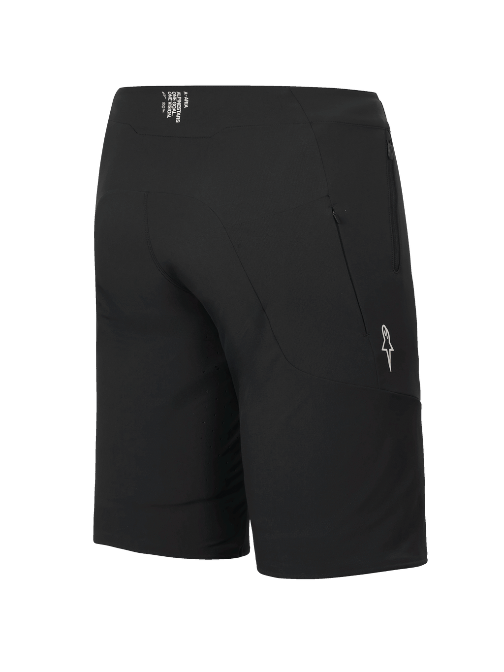 Calções Alpinestars A-Aria Elite, calções de BTT, Black Titanium, vista lateral traseira com bolso com fecho e logótipo de estrela branco, ajuste de performance para ciclismo