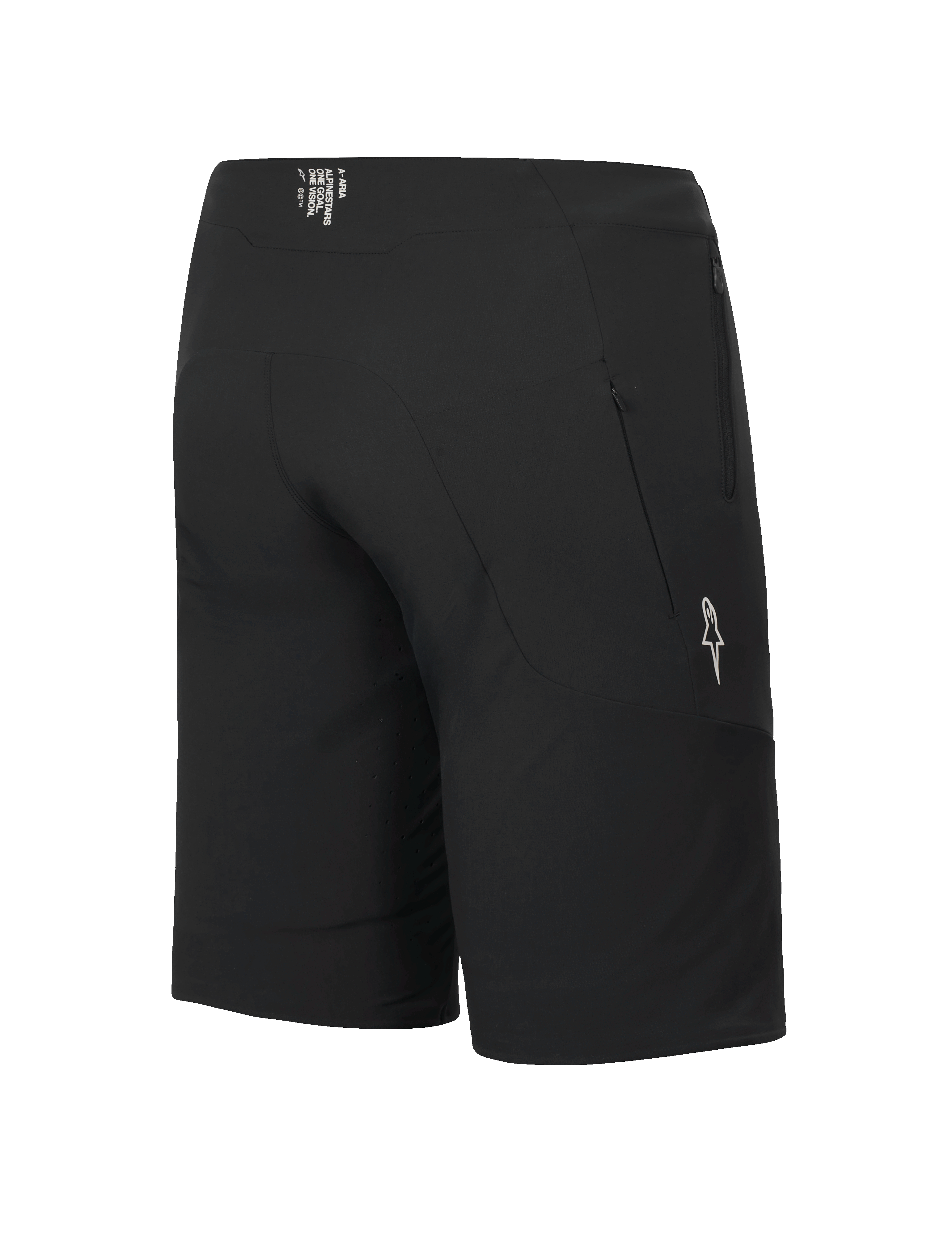 Calções Alpinestars A-Aria Elite, calções de BTT, Black Titanium, vista lateral traseira com bolso com fecho e logótipo de estrela branco, ajuste de performance para ciclismo