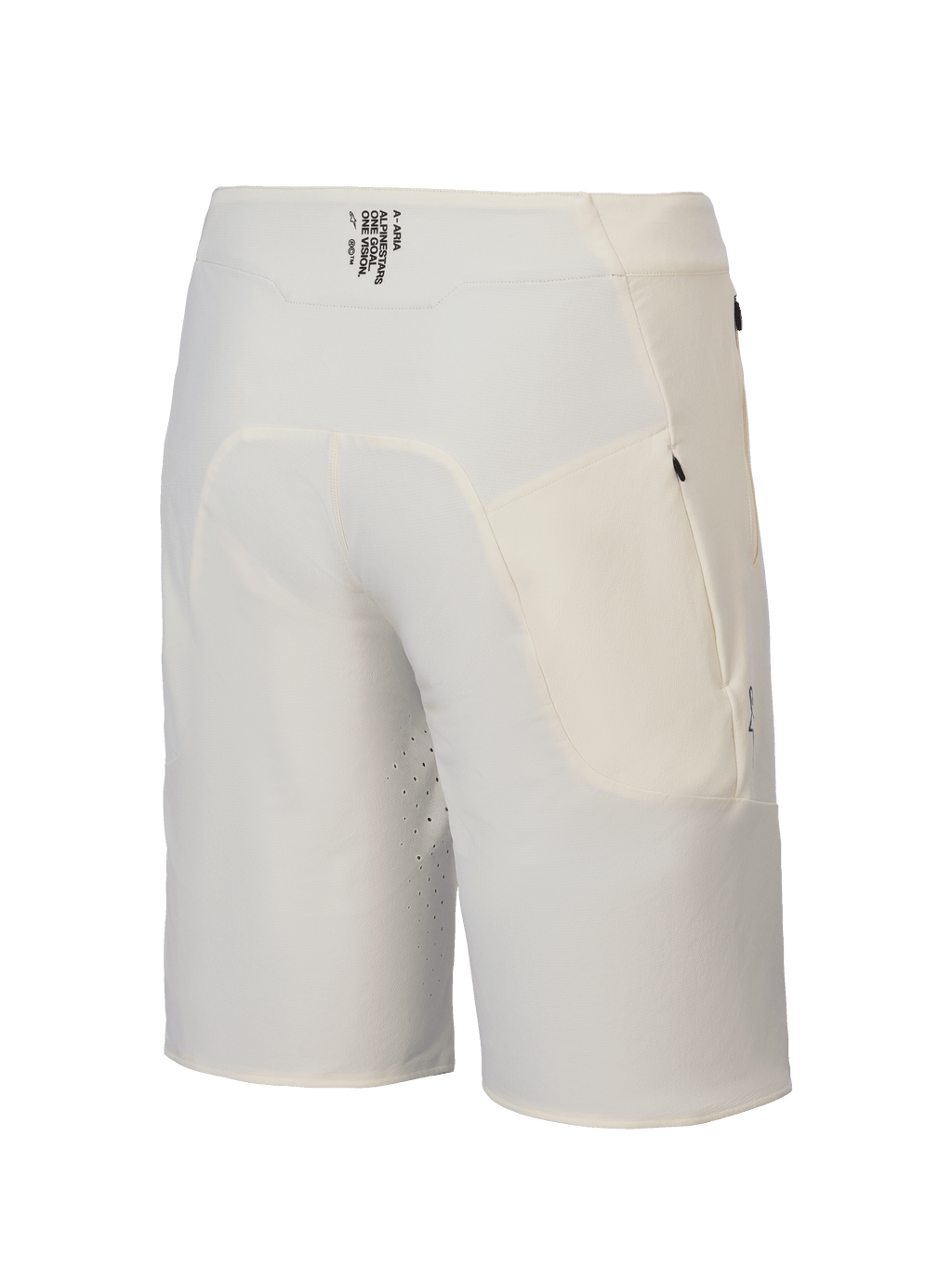Alpinestars A-Aria Elite, calções de ciclismo para homem em cor cru, vista traseira mostrando o cós absorvente com logótipo e bolsos com fecho de correr