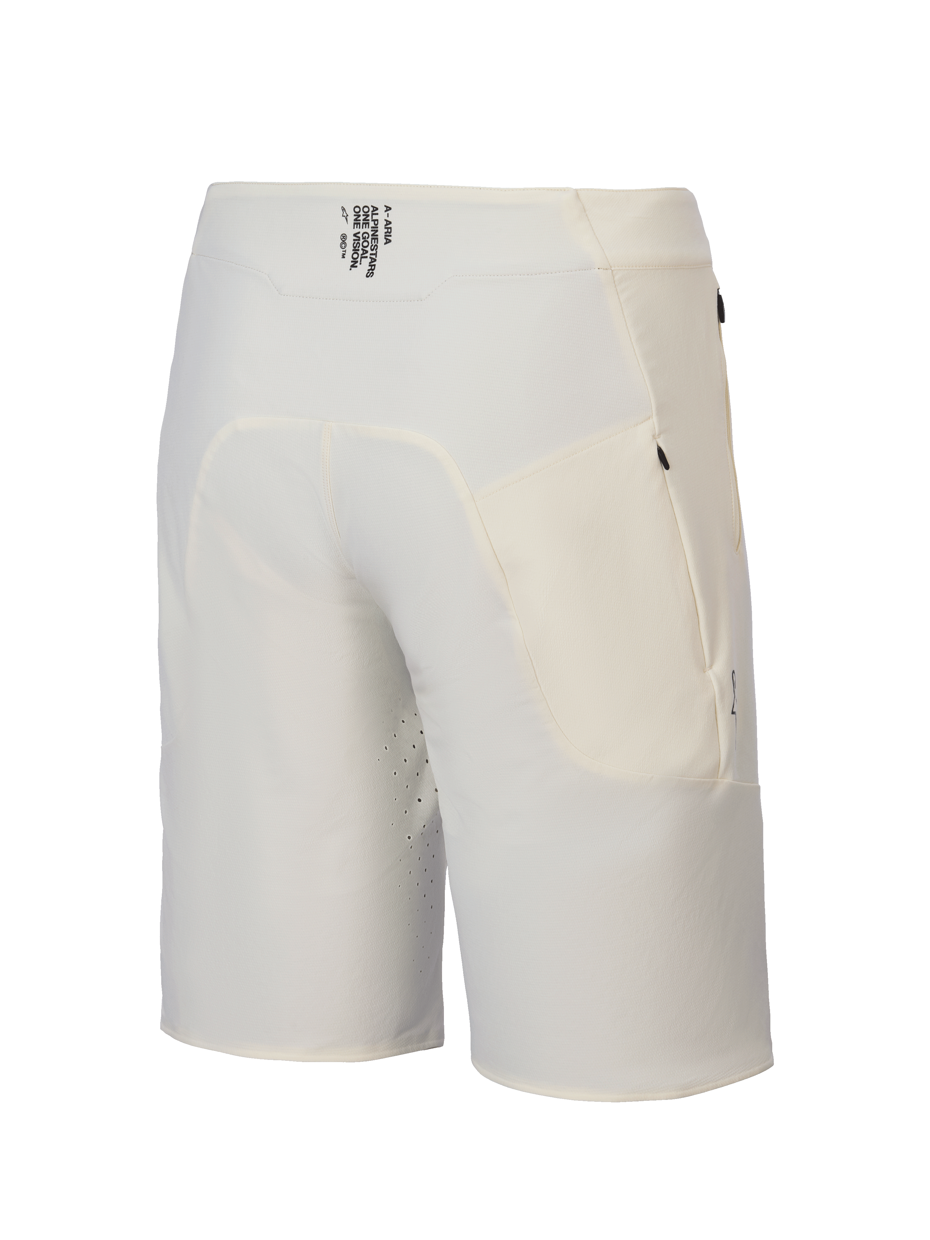 Alpinestars A-Aria Elite, calções de ciclismo para homem em cor cru, vista traseira mostrando o cós absorvente com logótipo e bolsos com fecho de correr