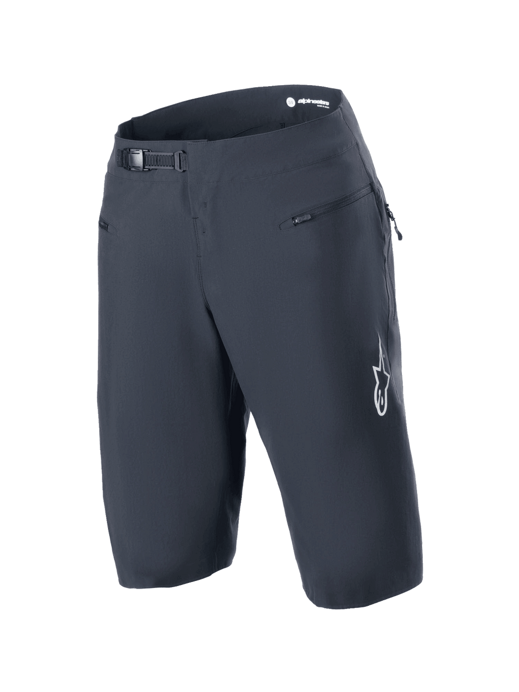 Calções Alpinestars A-Aria, pretos, calções de BTT com sistema de fecho de catraca na cintura e bolsos frontais com fecho de correr, logótipo Astars branco na perna, vestuário técnico de performance para ciclismo