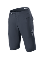 Calções Alpinestars A-Aria, pretos, calções de BTT com sistema de fecho de catraca na cintura e bolsos frontais com fecho de correr, logótipo Astars branco na perna, vestuário técnico de performance para ciclismo