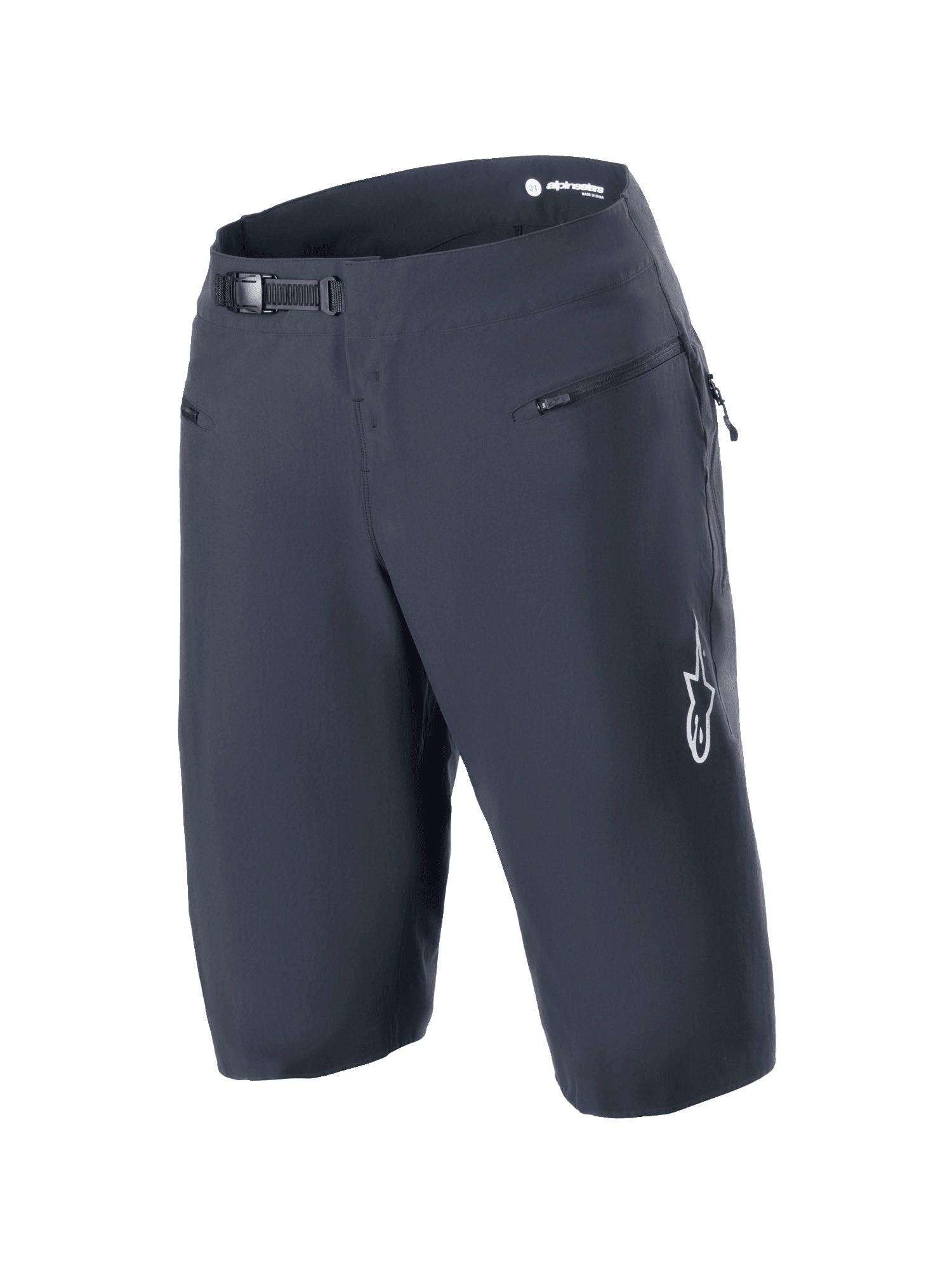 Calções Alpinestars A-Aria, pretos, calções de BTT com sistema de fecho de catraca na cintura e bolsos frontais com fecho de correr, logótipo Astars branco na perna, vestuário técnico de performance para ciclismo