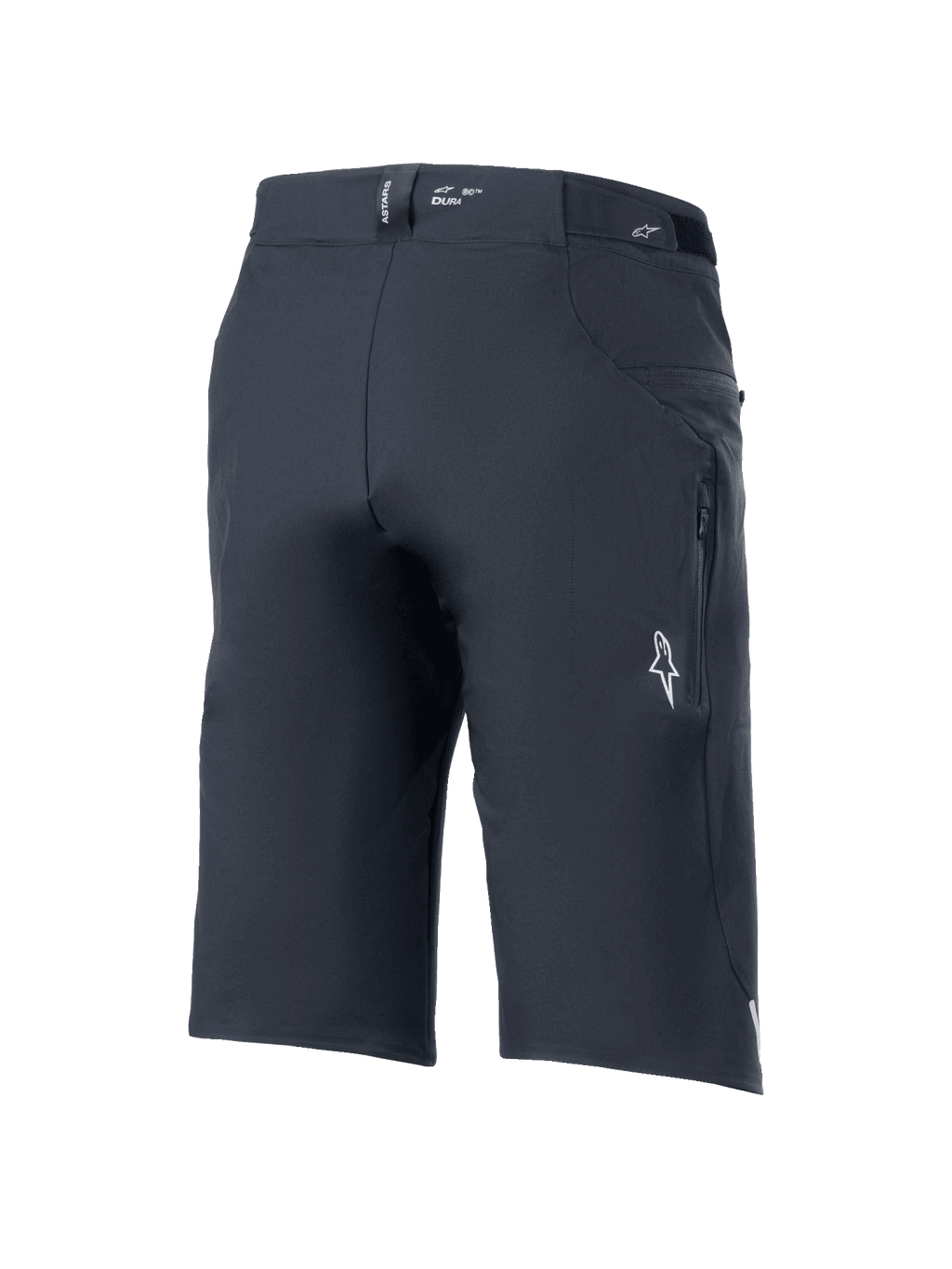 Calções Alpinestars A-Dura Elite, calções de mountain bike, pretos, vista de três quartos traseira com bolso lateral com fecho, logótipo Astars branco e marca "DURA" no cós, tecido Cordura durável elástico em 4 direções para ciclismo todo-o-terreno