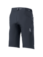 Calções Alpinestars A-Dura Elite, calções de mountain bike, pretos, vista de três quartos traseira com bolso lateral com fecho, logótipo Astars branco e marca "DURA" no cós, tecido Cordura durável elástico em 4 direções para ciclismo todo-o-terreno