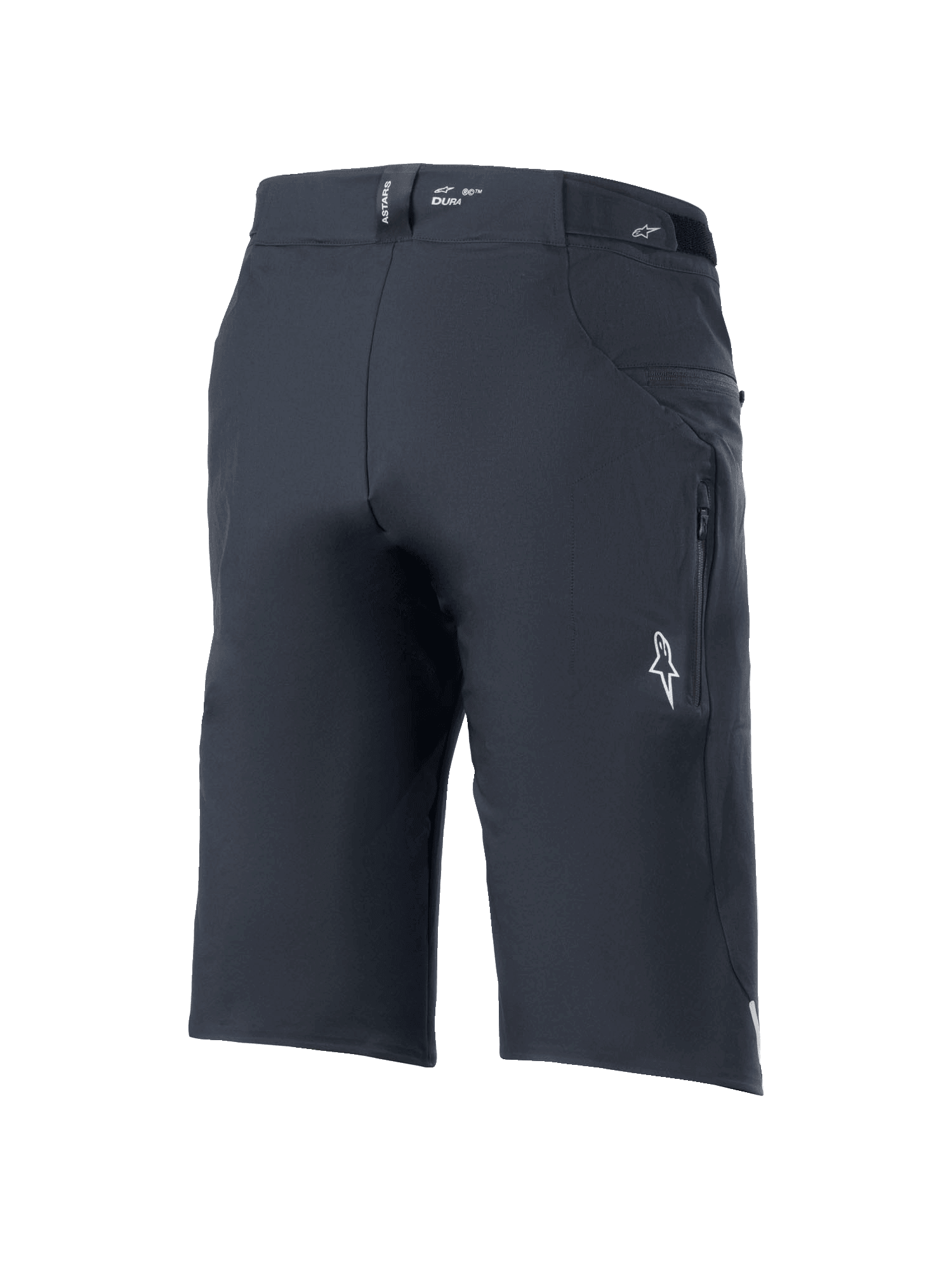 Calções Alpinestars A-Dura Elite, calções de mountain bike, pretos, vista de três quartos traseira com bolso lateral com fecho, logótipo Astars branco e marca "DURA" no cós, tecido Cordura durável elástico em 4 direções para ciclismo todo-o-terreno