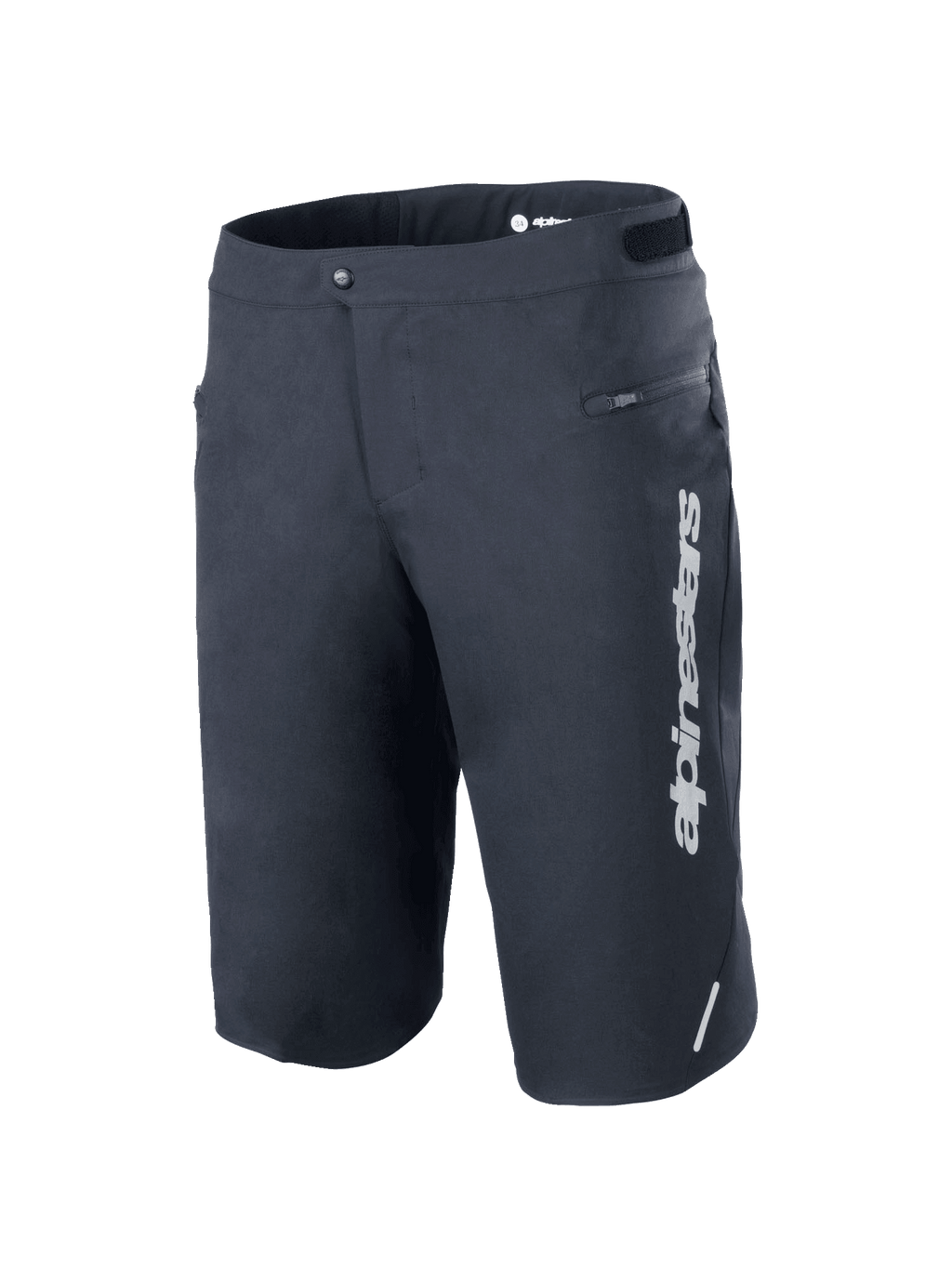 Calções Alpinestars A-Dura Elite, calções de mountain bike, pretos, com um logótipo Alpinestars vertical branco na perna esquerda, bolso lateral com fecho, fecho frontal de pressão com ajustadores de cintura de gancho e laço, detalhe refletor, tecido Cordura durável elástico em 4 direções para ciclismo todo-o-terreno