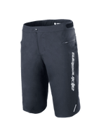 Calções Alpinestars A-Dura Elite, calções de mountain bike, pretos, com um logótipo Alpinestars vertical branco na perna esquerda, bolso lateral com fecho, fecho frontal de pressão com ajustadores de cintura de gancho e laço, detalhe refletor, tecido Cordura durável elástico em 4 direções para ciclismo todo-o-terreno