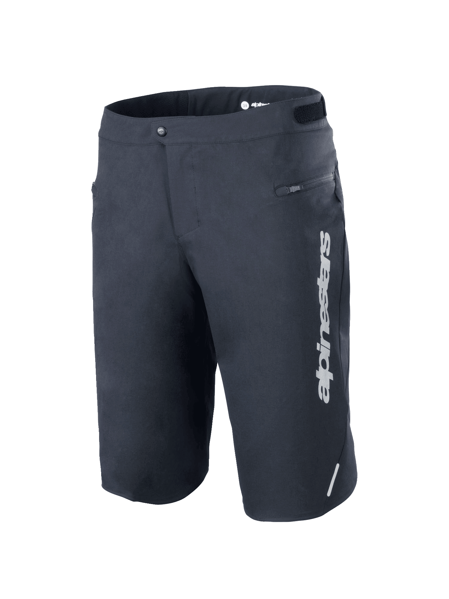 Calções Alpinestars A-Dura Elite, calções de mountain bike, pretos, com um logótipo Alpinestars vertical branco na perna esquerda, bolso lateral com fecho, fecho frontal de pressão com ajustadores de cintura de gancho e laço, detalhe refletor, tecido Cordura durável elástico em 4 direções para ciclismo todo-o-terreno