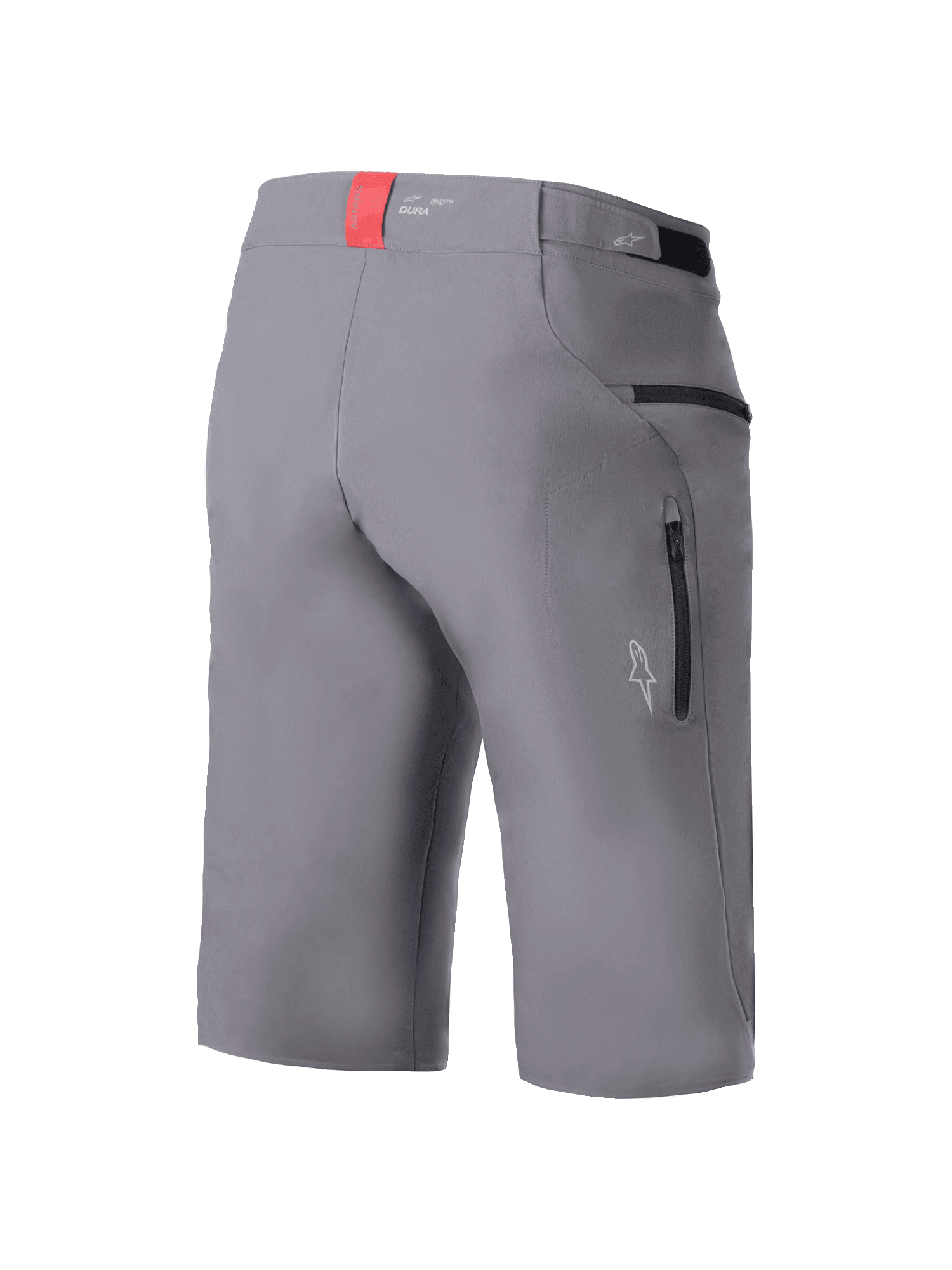 Calções Alpinestars A-Dura Elite, calções de ciclismo BTT, cinzento escuro, vista traseira de três quartos mostrando bolsos laterais com fecho, ajustadores de cintura em gancho e laço e um detalhe vermelho no cós, tecido Cordura durável e elástico em 4 direções, corte regular para mountain bike