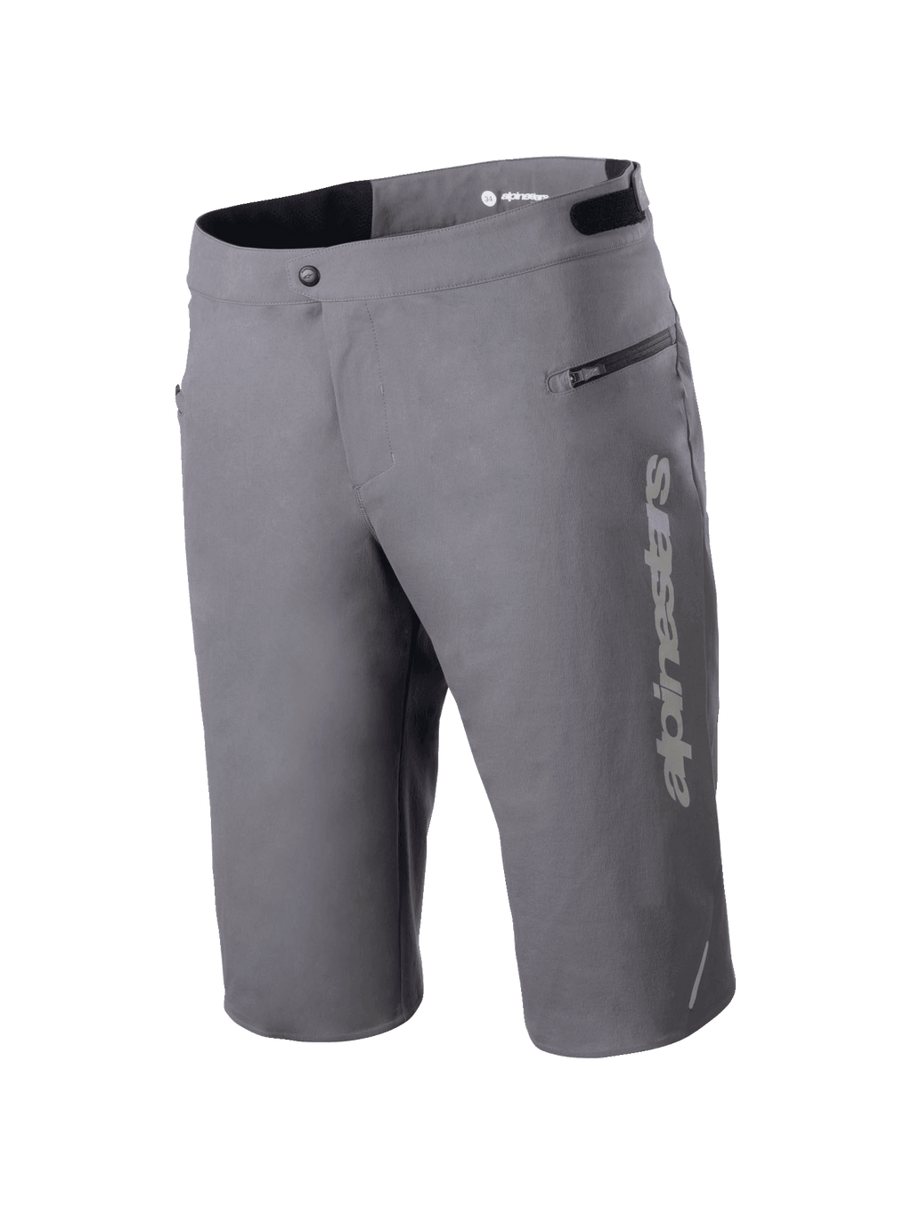 Alpinestars A-Dura Elite Shorts, calções de mountain bike, cinzento escuro, com logótipo Alpinestars vertical na perna, bolso lateral com fecho, fecho frontal de mola e abas de ajuste na cintura para ciclismo fora de estrada