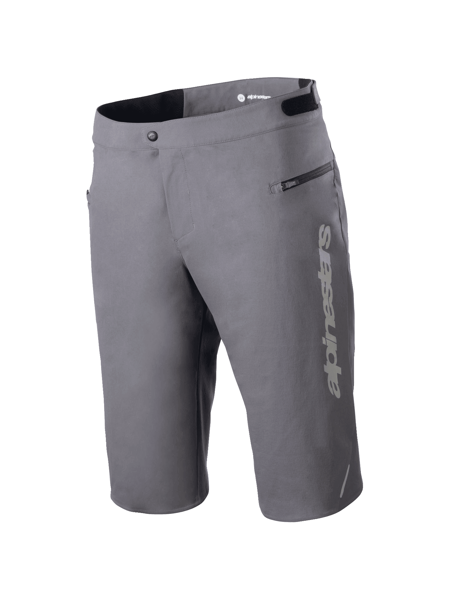 Alpinestars A-Dura Elite Shorts, calções de mountain bike, cinzento escuro, com logótipo Alpinestars vertical na perna, bolso lateral com fecho, fecho frontal de mola e abas de ajuste na cintura para ciclismo fora de estrada