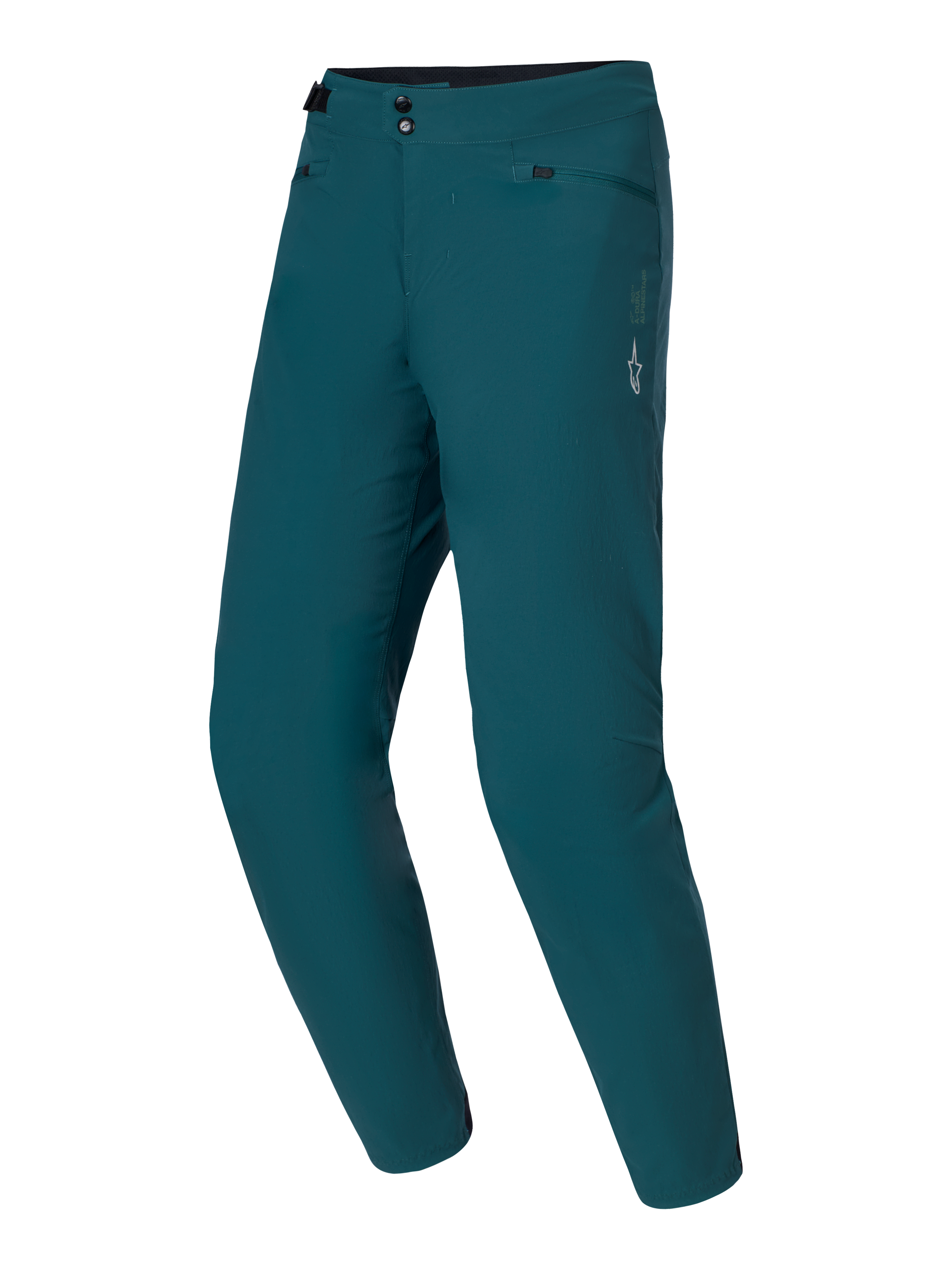 Alpinestars A-Dura Pants, calças de mountain bike, verde Dark Pine, fecho duplo de pressão e ajustadores laterais na cintura, logótipo de estrela branco na coxa esquerda, tecido durável com elasticidade em 2 direções para trilhos de BTT