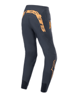 Alpinestars A-Supra Race Pants, MTB Cycling Pants, Black with orange graphics, rear view featuring large Alpinestars wordmark on the back yoke, zippered side pocket, and tapered performance fit with mesh ankle panels