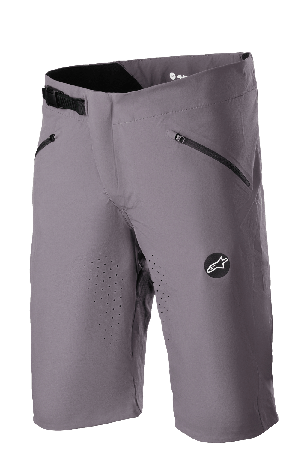 Alpinestars Drop Algorithm Shorts, calções de BTT, cinzento Sparrow, ventilação perfurada a laser nas coxas, dois bolsos pretos com fecho, fivela de cintura com catraca ajustável, patch com logótipo de estrela da Alpinestars, tecido técnico elástico leve