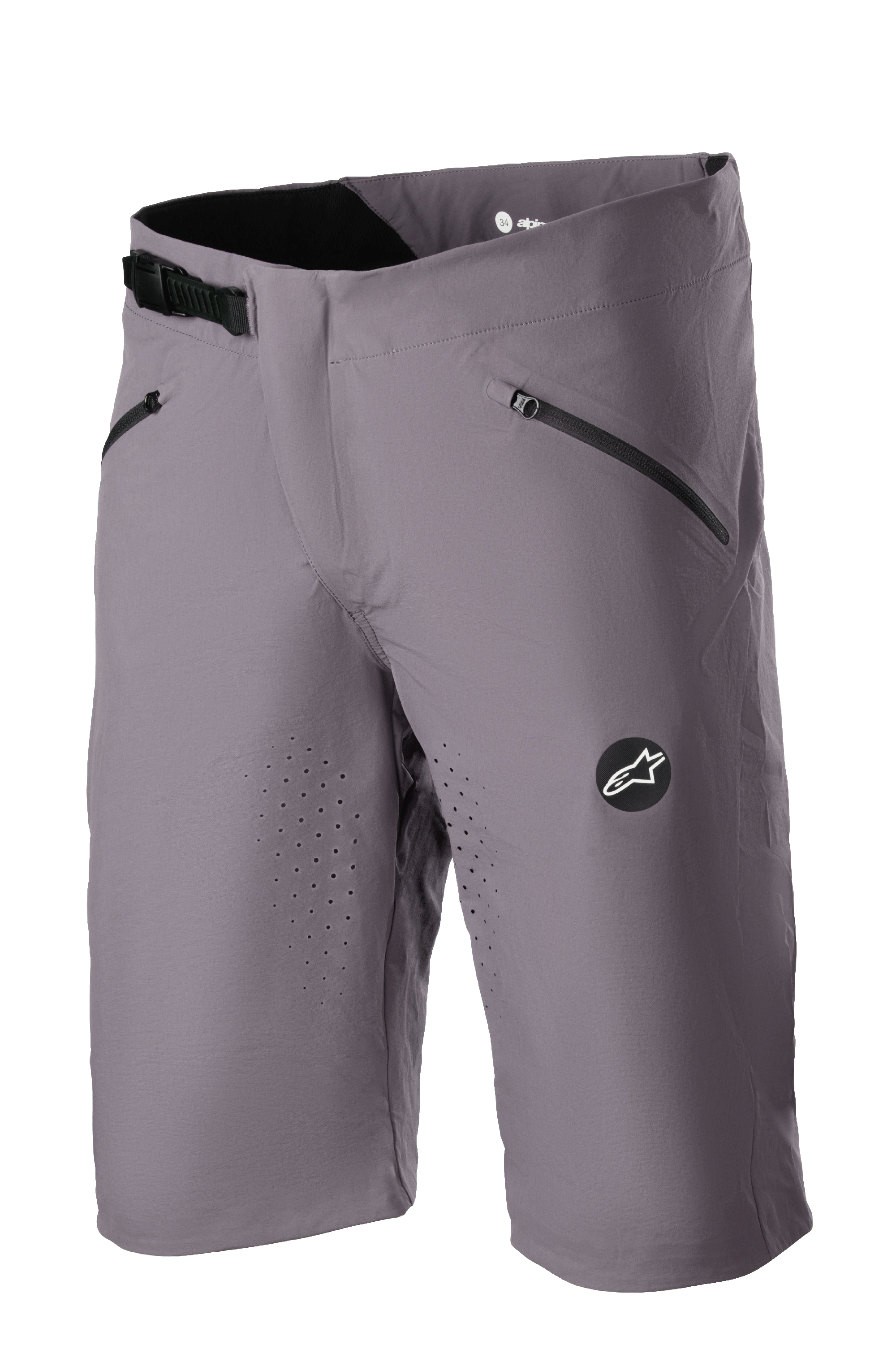 Alpinestars Drop Algorithm Shorts, calções de BTT, cinzento Sparrow, ventilação perfurada a laser nas coxas, dois bolsos pretos com fecho, fivela de cintura com catraca ajustável, patch com logótipo de estrela da Alpinestars, tecido técnico elástico leve