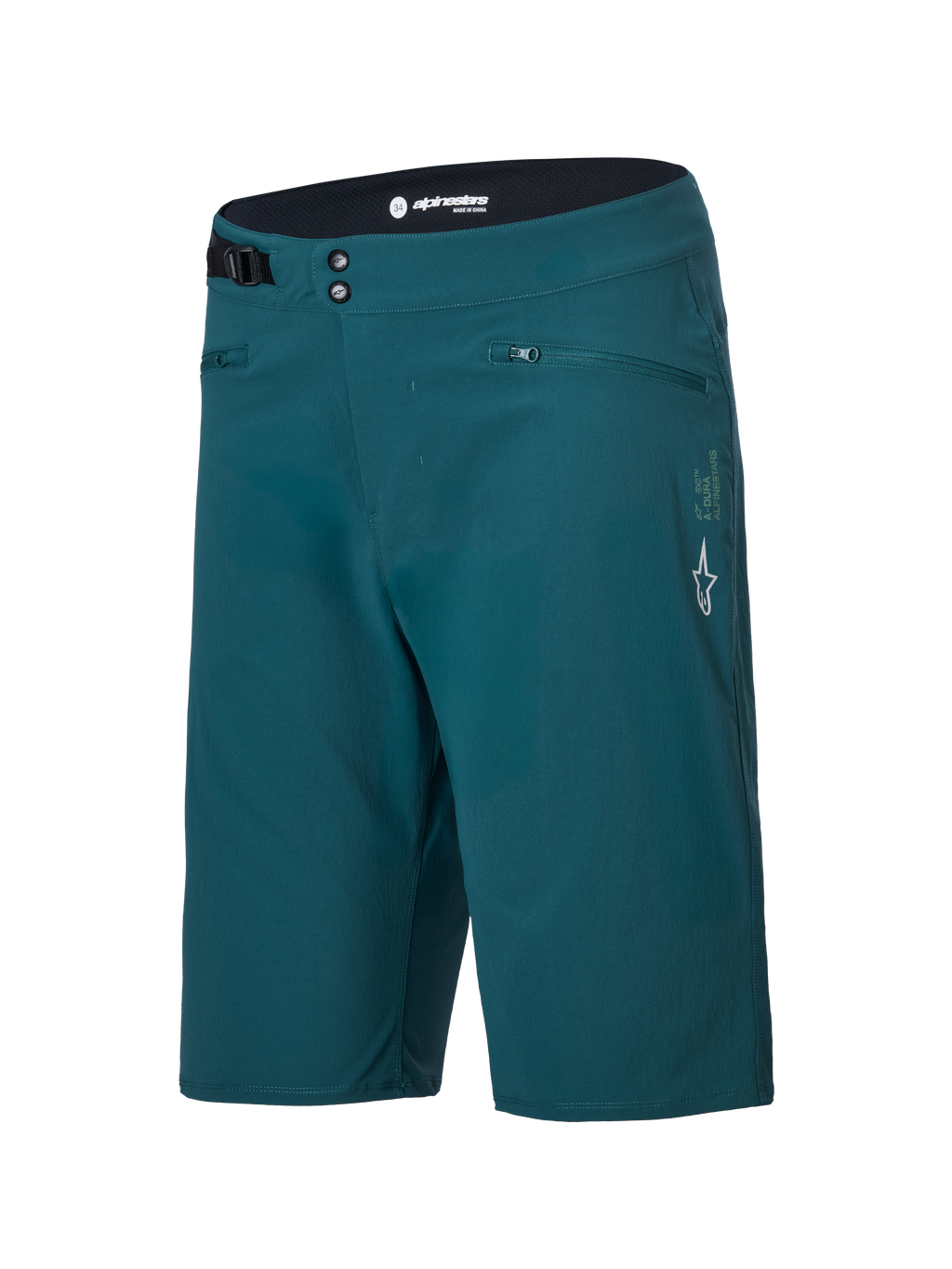 Calções Alpinestars A-Dura, calções de MTB, verde Dark Pine, com bolsos com fecho de correr, fecho frontal com botões de pressão duplos, ajuste lateral na cintura e logótipo Alpinestars branco na perna esquerda, design durável para ciclismo MTB