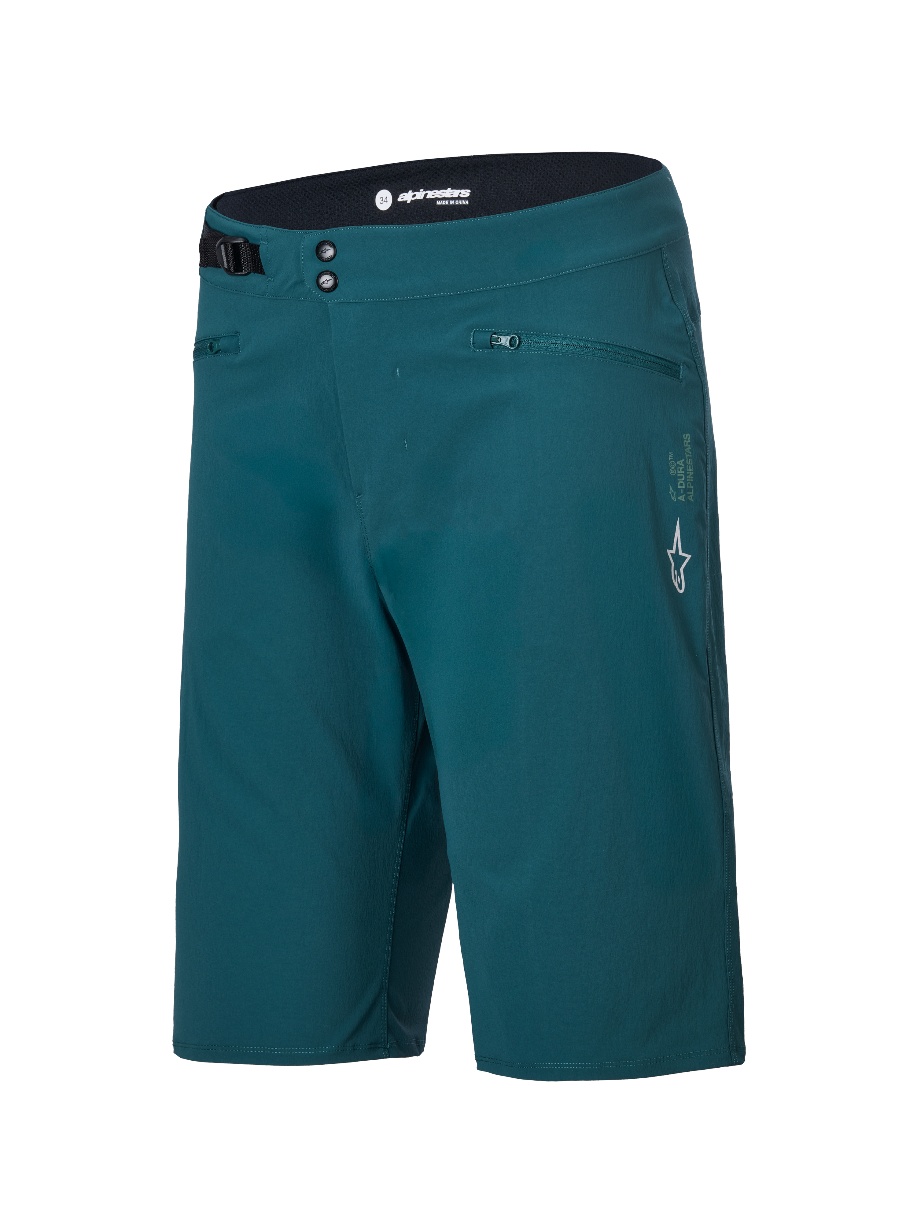 Calções Alpinestars A-Dura, calções de MTB, verde Dark Pine, com bolsos com fecho de correr, fecho frontal com botões de pressão duplos, ajuste lateral na cintura e logótipo Alpinestars branco na perna esquerda, design durável para ciclismo MTB