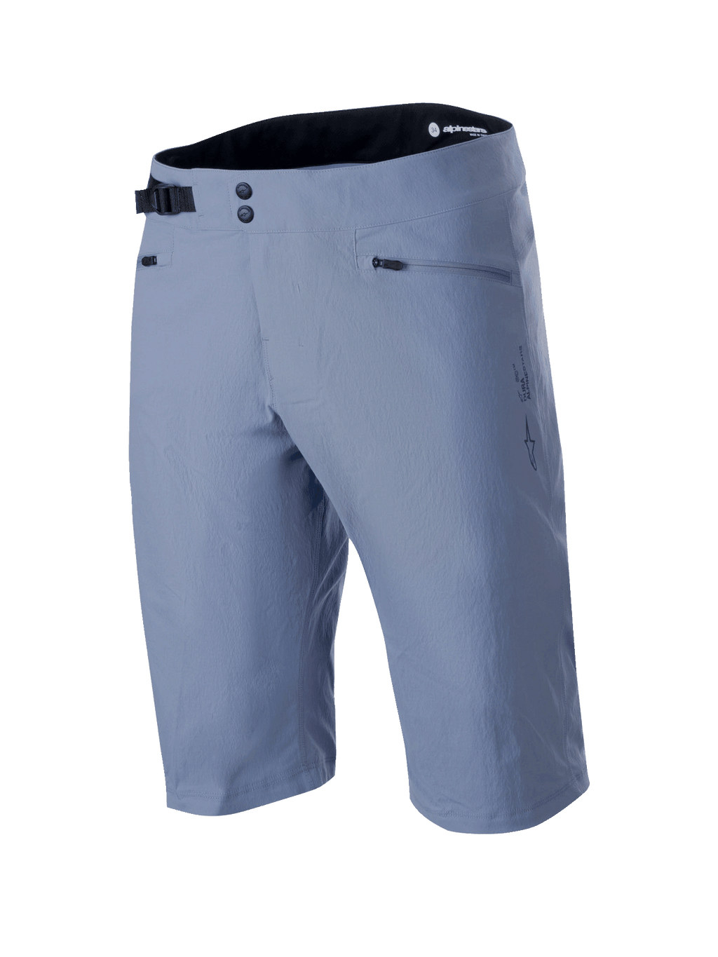 Alpinestars A-Dura Shorts, calções de Mountain Bike, em azul Infinity Blue, com fecho frontal de pressão duplo, fivela lateral ajustável preta, bolsos com fecho de correr e tecido texturizado com elasticidade bidirecional, vestuário técnico de BTT