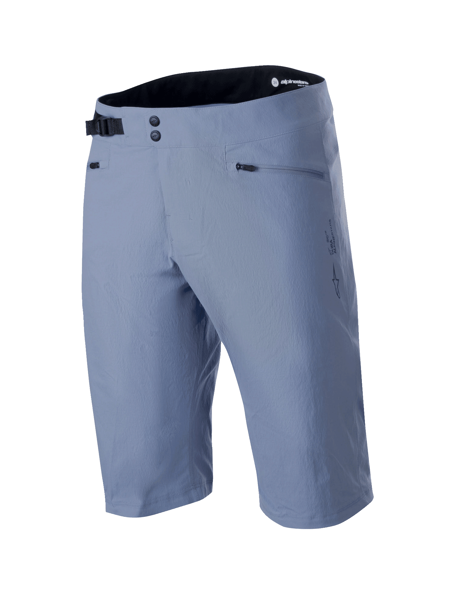 Alpinestars A-Dura Shorts, calções de Mountain Bike, em azul Infinity Blue, com fecho frontal de pressão duplo, fivela lateral ajustável preta, bolsos com fecho de correr e tecido texturizado com elasticidade bidirecional, vestuário técnico de BTT