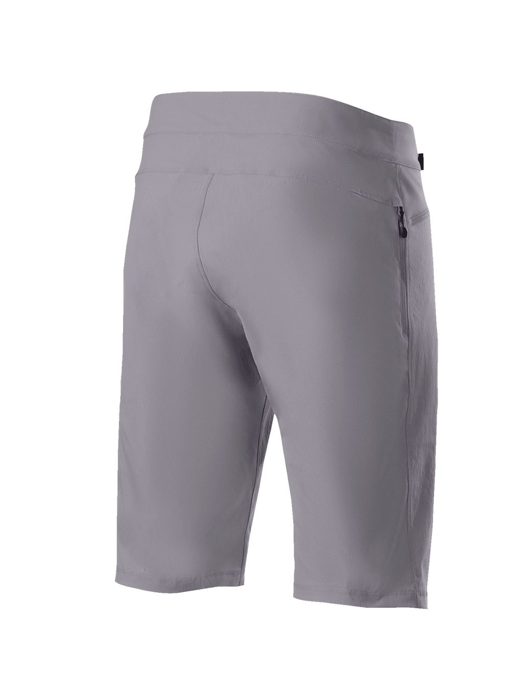 Calções Alpinestars A-Dura, calções de mountain bike, cinzento escuro, vista traseira de três quartos mostrando o tecido durável com elasticidade bidirecional e bolso lateral com fecho, vestuário técnico de ciclismo