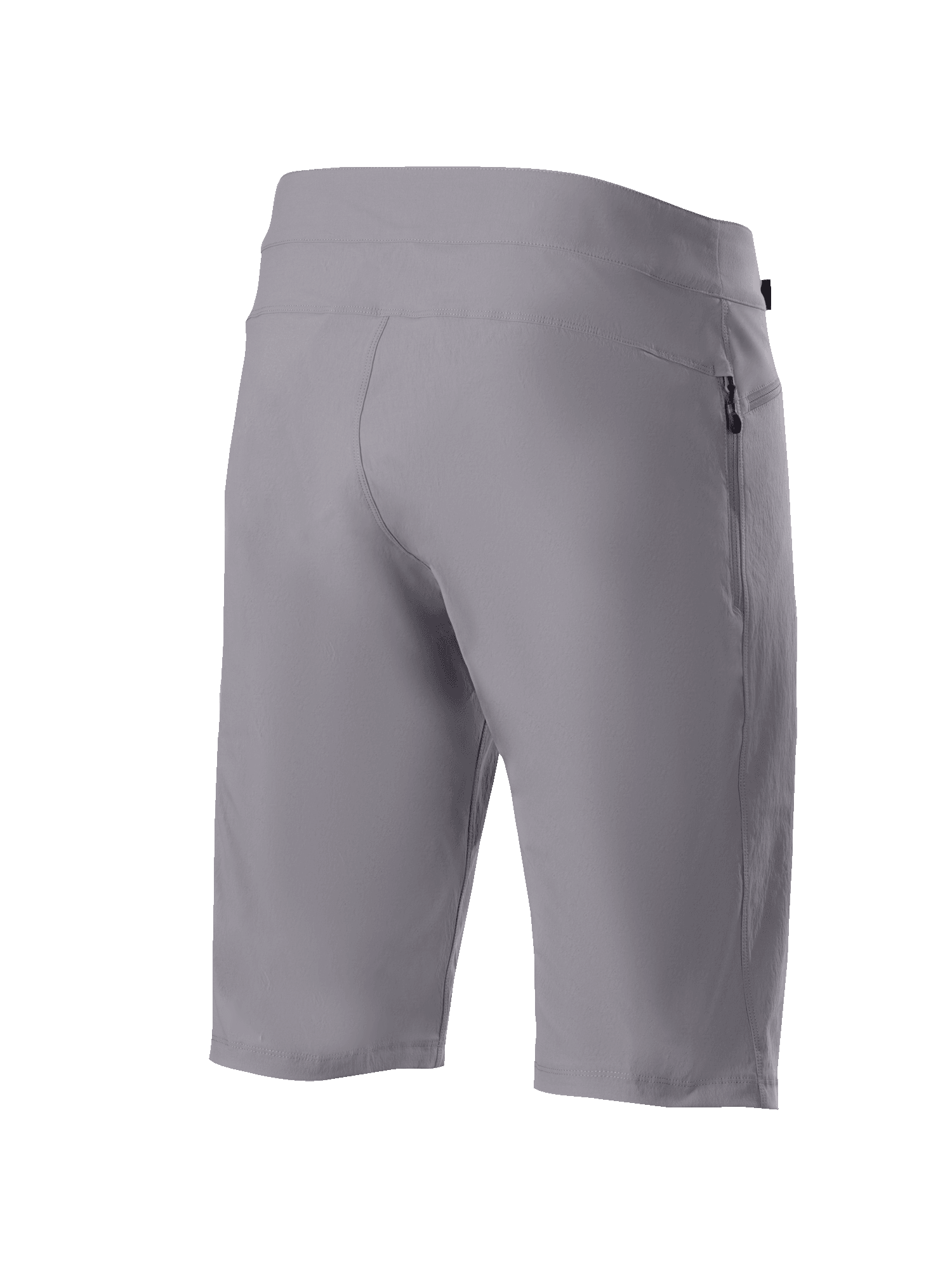 Calções Alpinestars A-Dura, calções de mountain bike, cinzento escuro, vista traseira de três quartos mostrando o tecido durável com elasticidade bidirecional e bolso lateral com fecho, vestuário técnico de ciclismo
