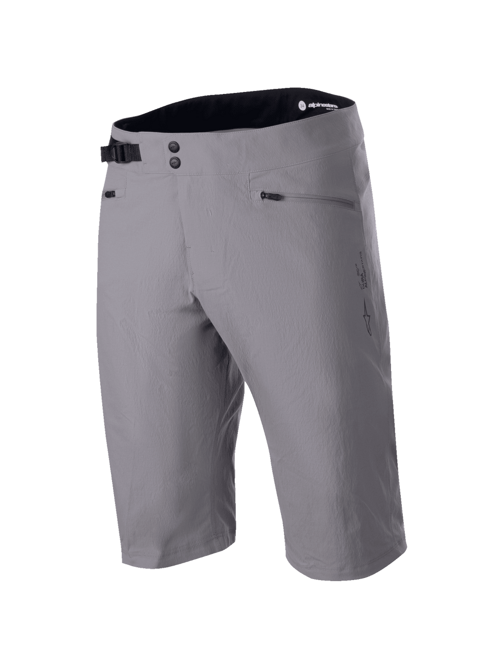 Alpinestars A-Dura Shorts, calções de BTT, cinza escuro, design com comprimento pelo joelho com fecho de cintura de pressão duplo e ajuste lateral, bolsos com fecho de correr, tecido técnico com elasticidade bidirecional para ciclismo de montanha