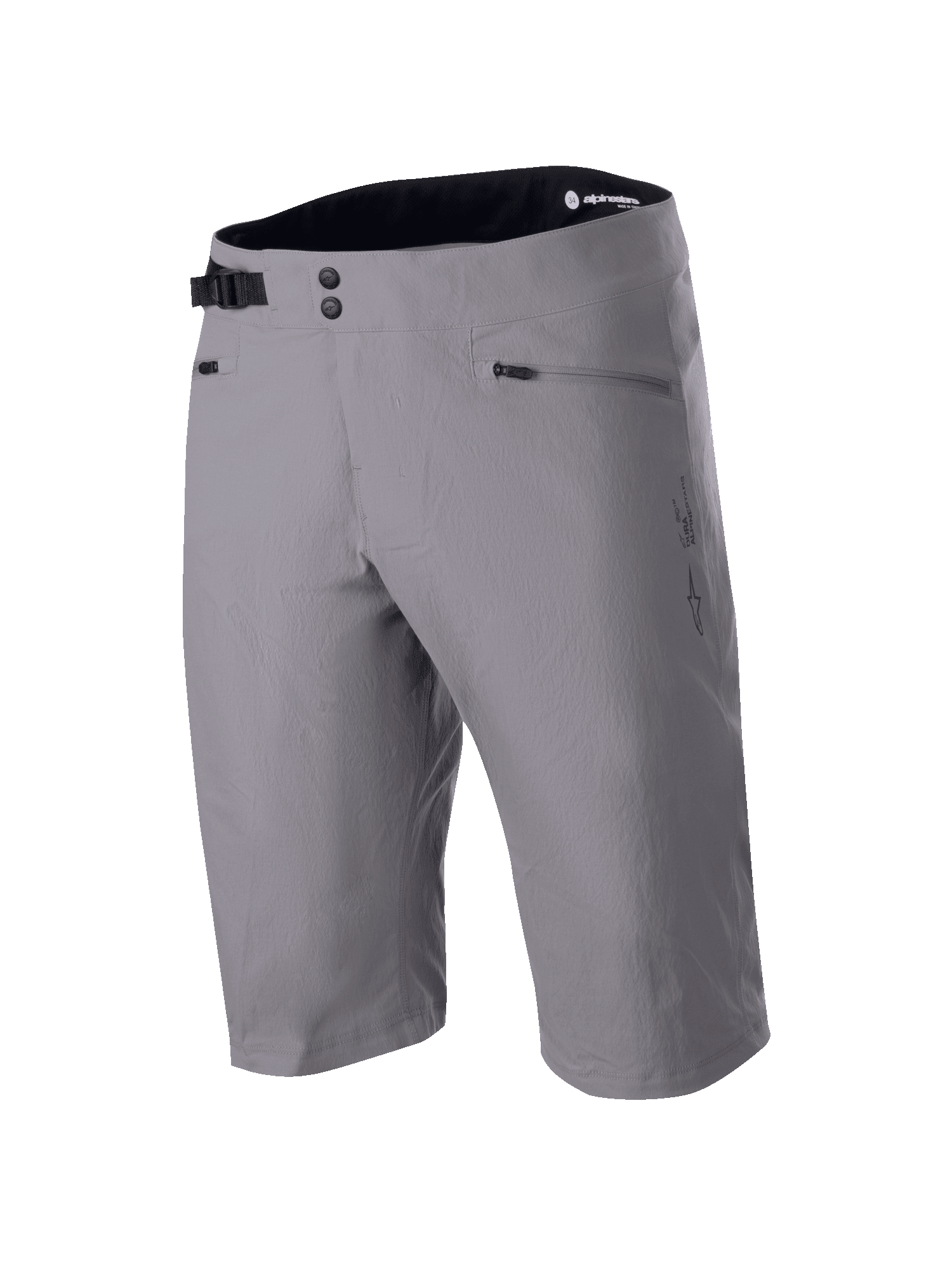 Alpinestars A-Dura Shorts, calções de BTT, cinza escuro, design com comprimento pelo joelho com fecho de cintura de pressão duplo e ajuste lateral, bolsos com fecho de correr, tecido técnico com elasticidade bidirecional para ciclismo de montanha
